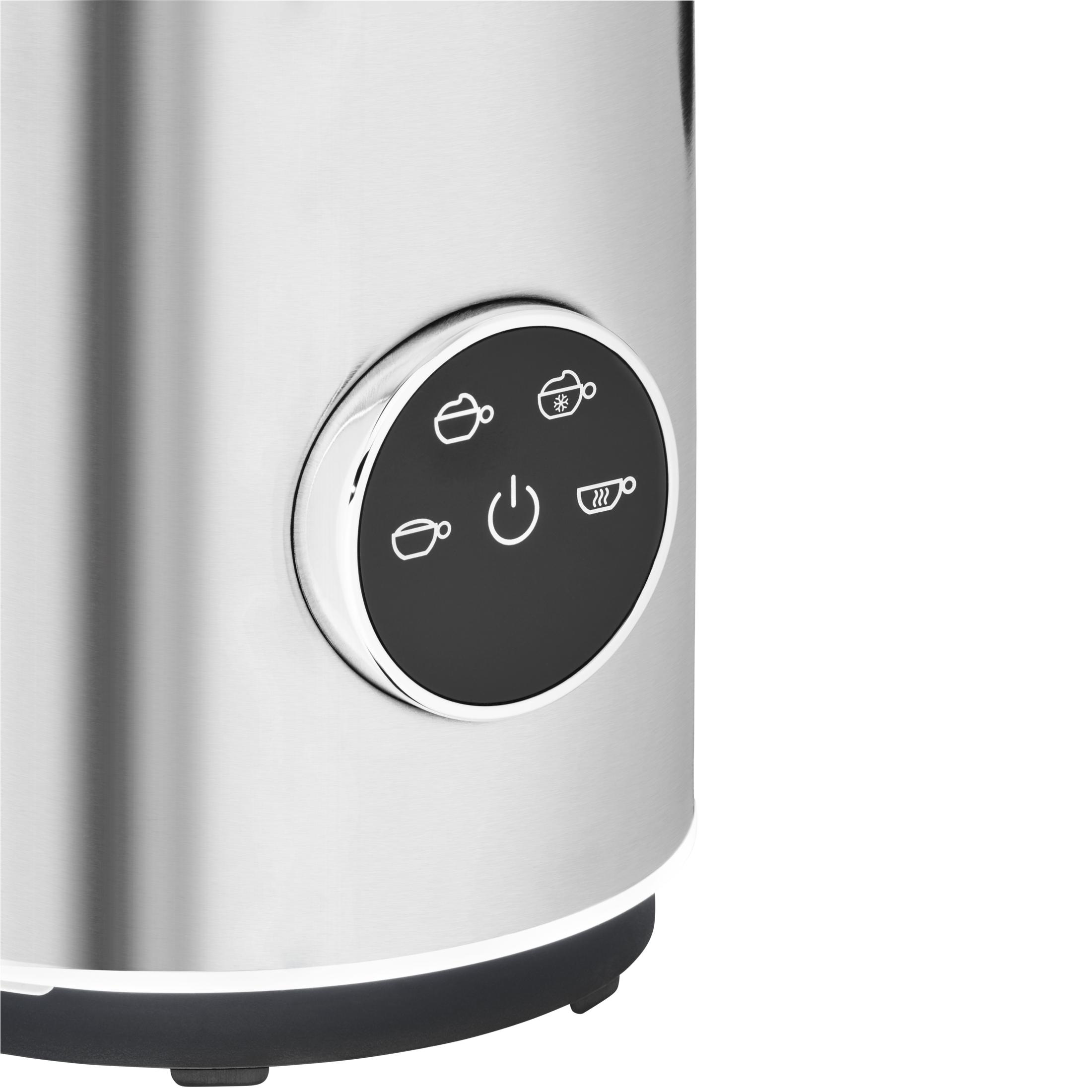 Zbliżenie metalowego panelu sterowania ekspresu do kawy z ikonami zasilania i parzenia.