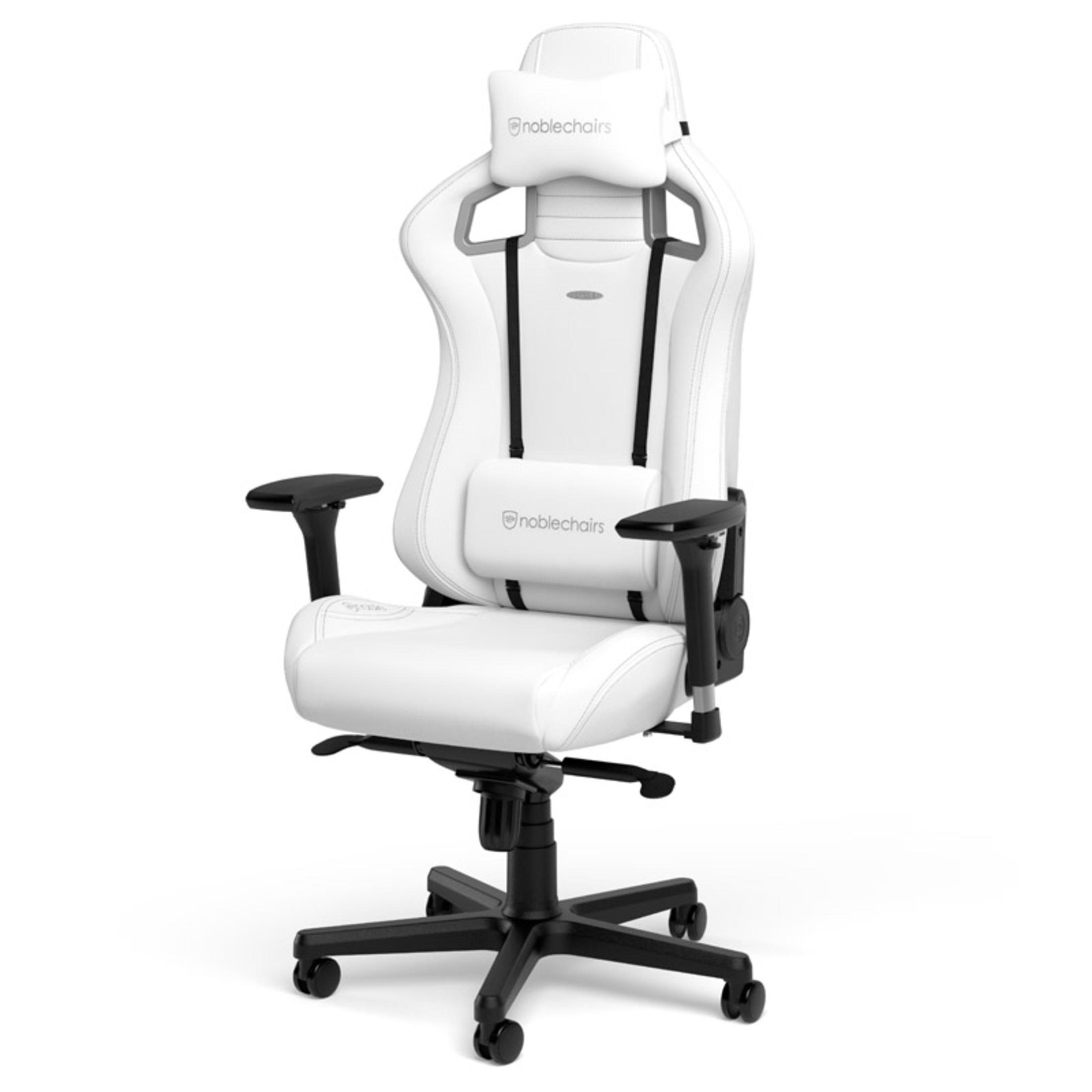 Ein weißer Gaming-Stuhl mit Kopfstütze und schwarzem Gestell.