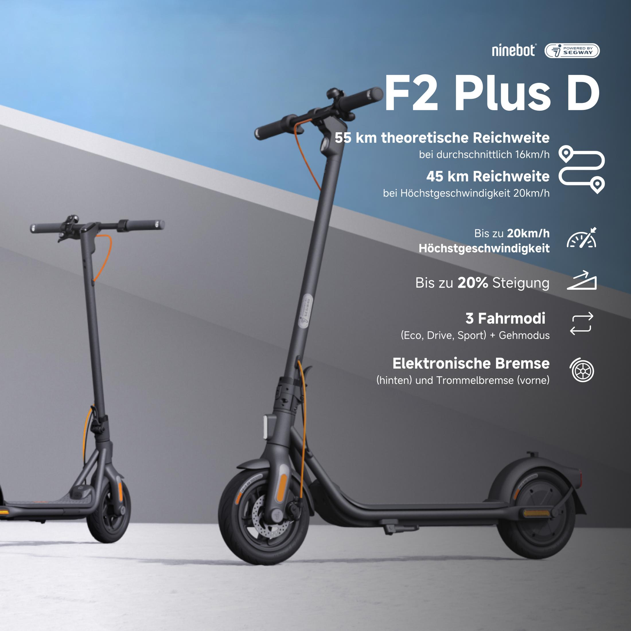 Das Bild zeigt einen schwarzen Ninebot F2 Plus D Elektroroller mit Text, der seine Reichweite, Geschwindigkeit, Steigung, Modi und Bremsen beschreibt.