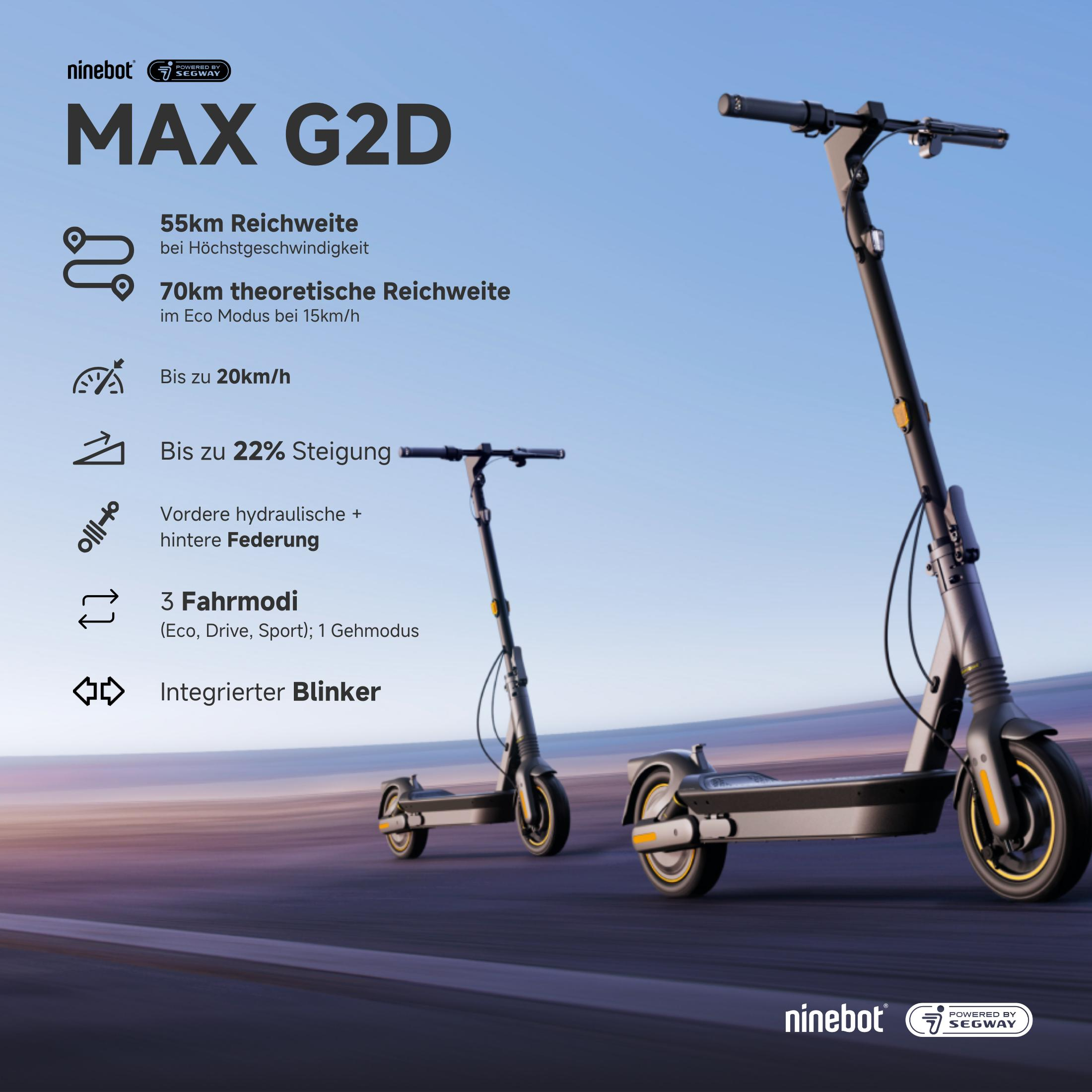 Dwa czarno-żółte skutery elektryczne Ninebot MAX G2D na rozmytym tle.