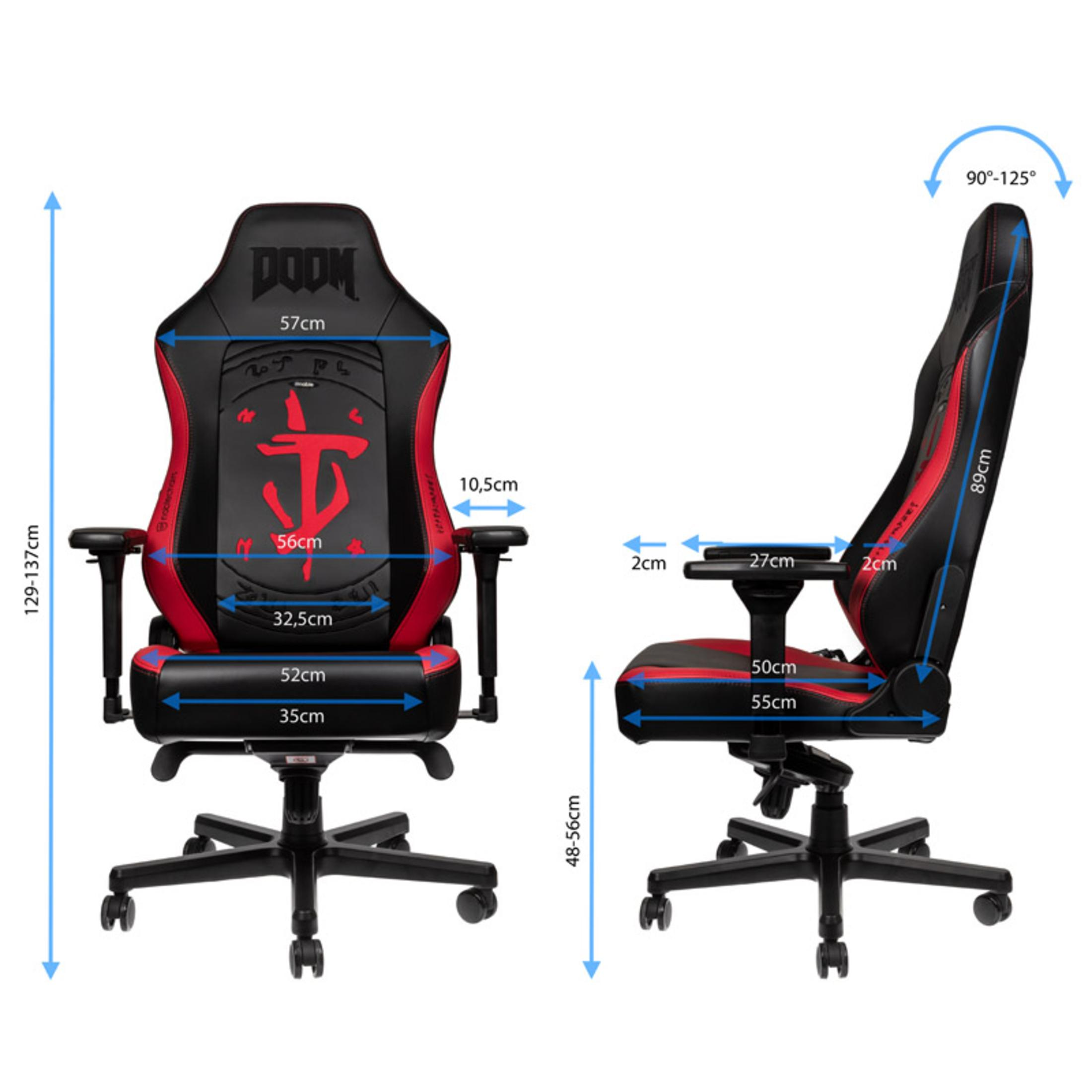 Schwarzer und roter Gaming-Stuhl. Abmessungen des Stuhls sind angegeben. DOOM-Logo ist sichtbar.