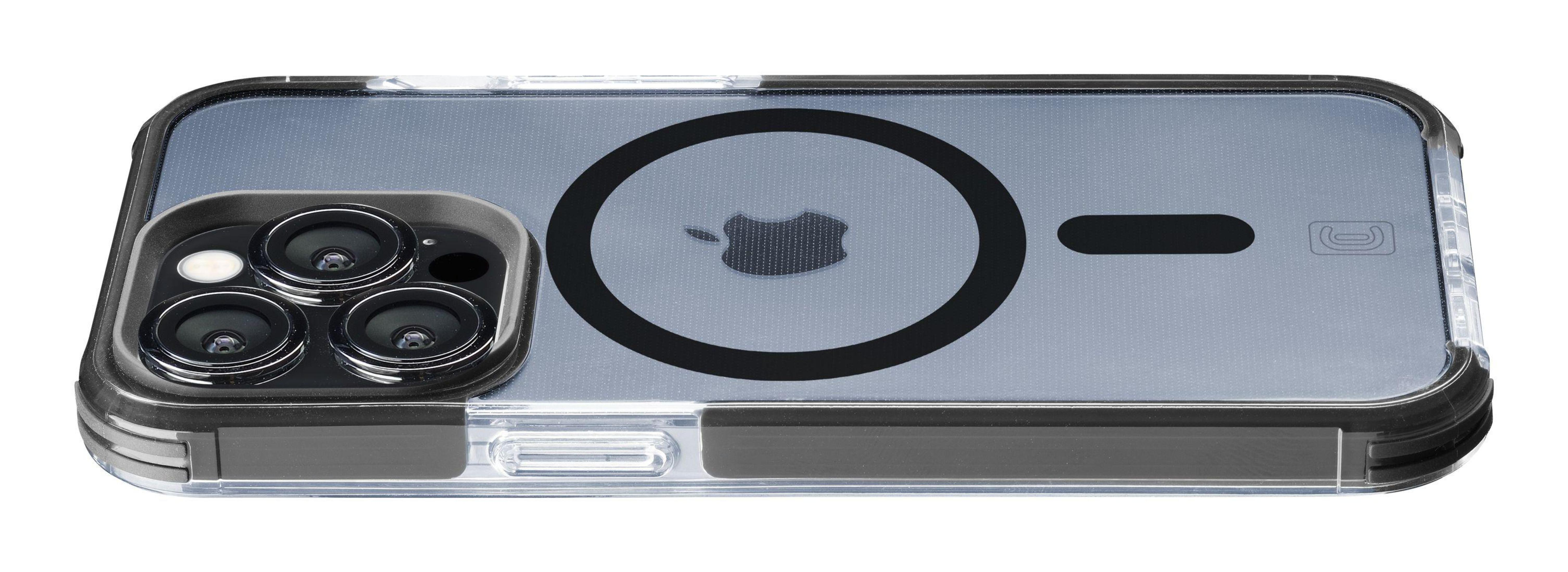 Una custodia trasparente per iPhone con cornice nera, con un cerchio nero.
