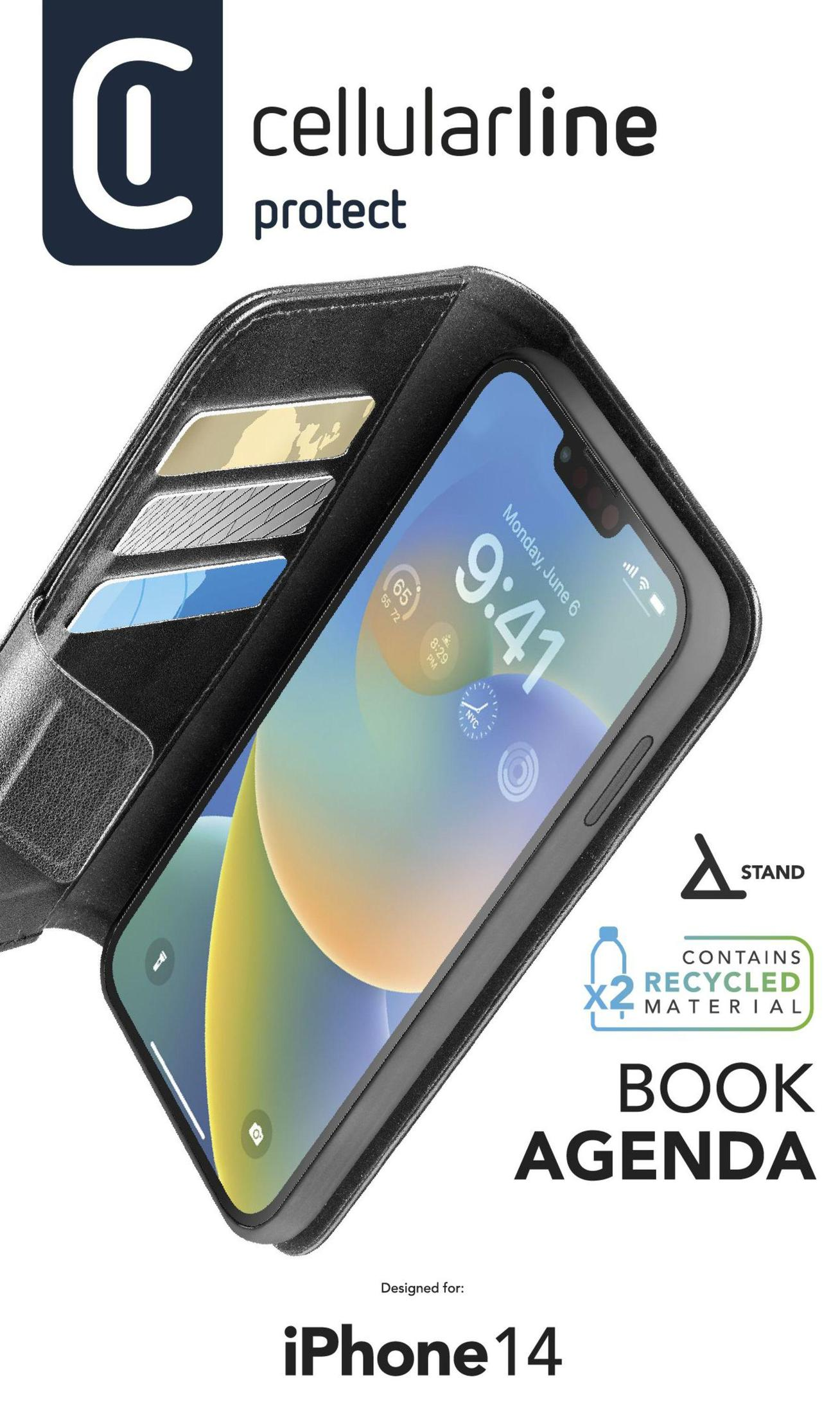 iPhone 14 en funda negra Cellularline Agenda, mostrando la hora.