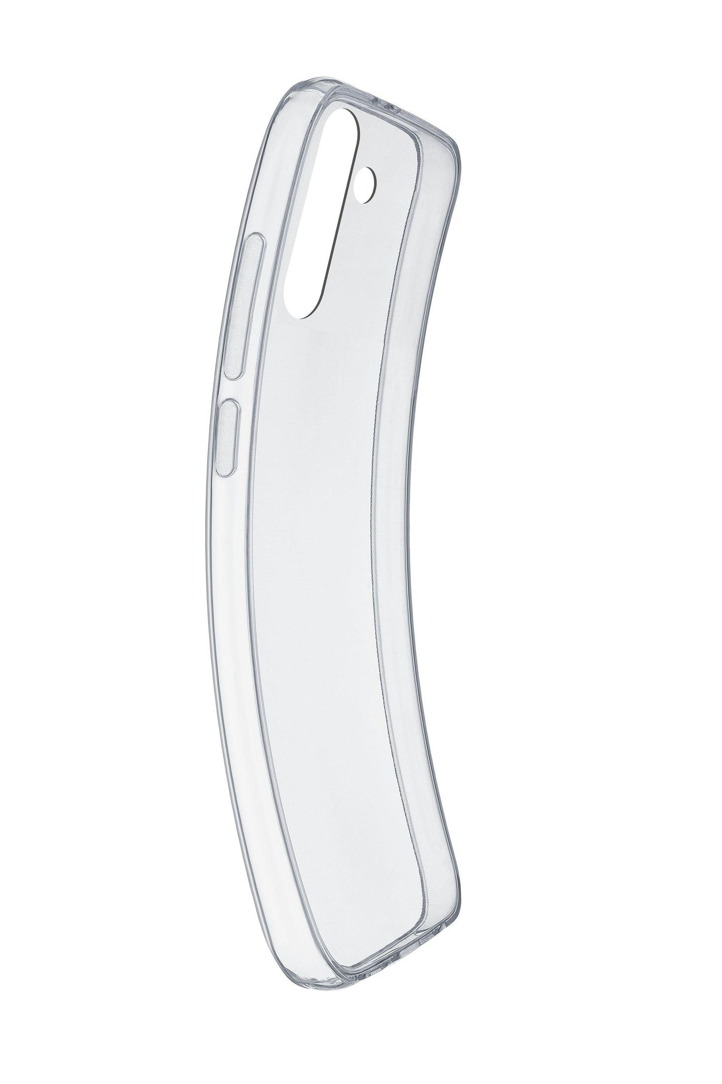 Custodia trasparente per telefono con un design curvo. La custodia è trasparente e su sfondo bianco.