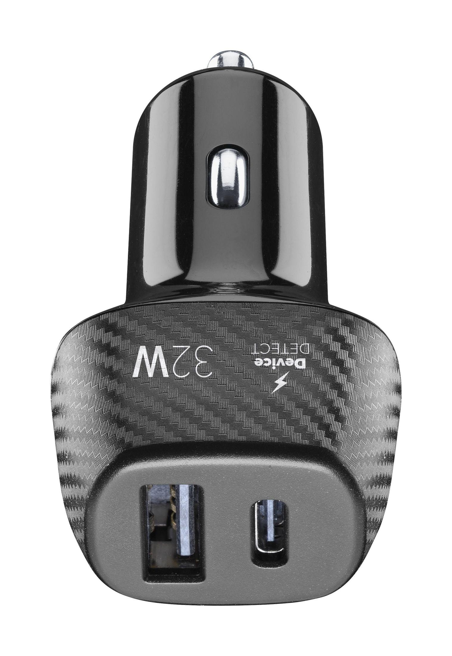 Cargador de coche negro con dos puertos USB. Tiene una superficie con textura de fibra de carbono.