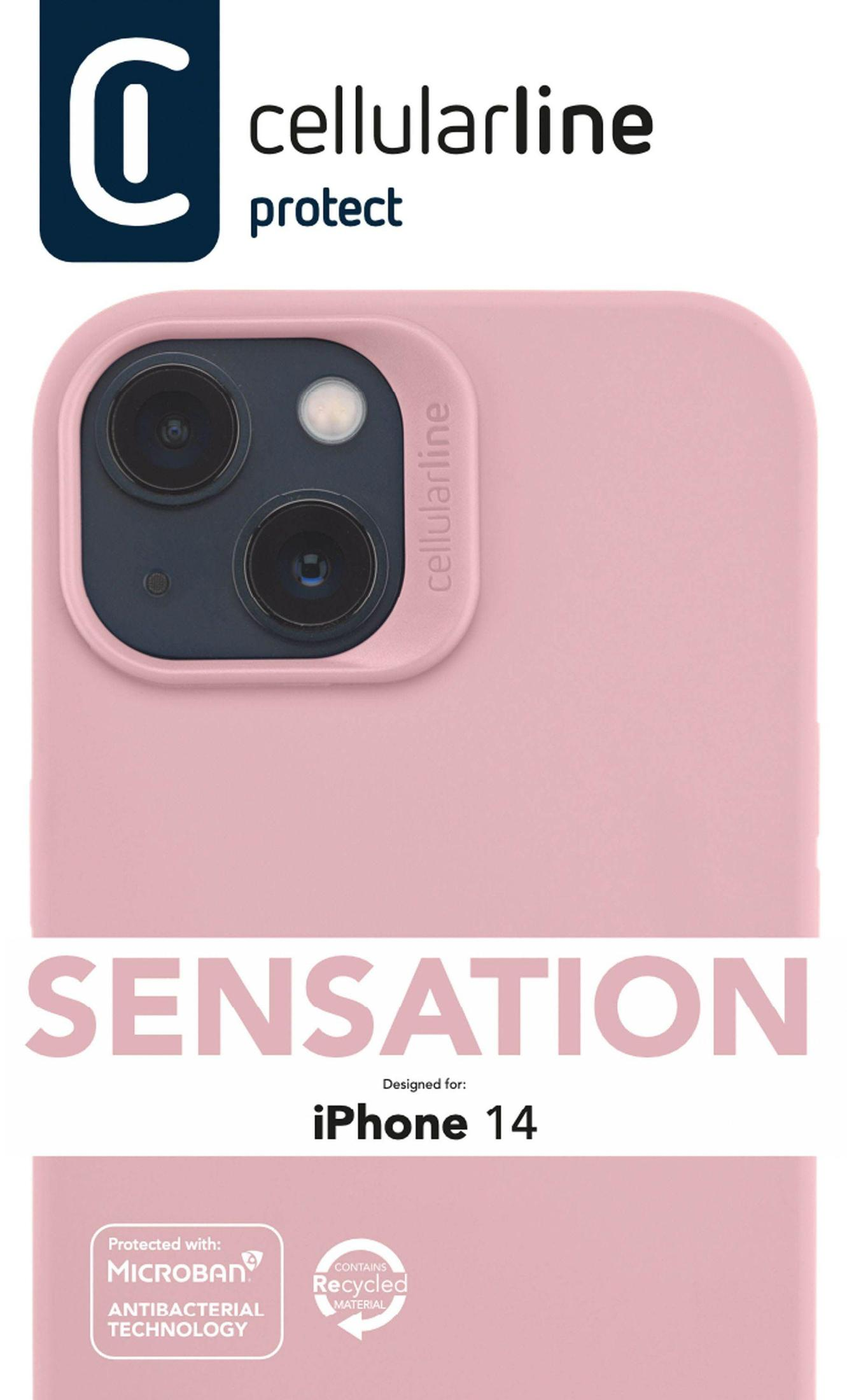Rosa iPhone 14 Hülle mit cellularline und SENSATION Text. Microban und Recycling-Logo vorhanden.