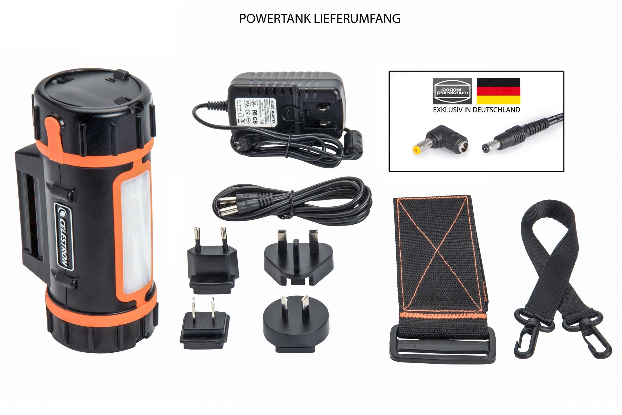 Tragbares Strahler-Kit: Licht, Adapter, Ladegerät und Gurte. Weißer Hintergrund.
