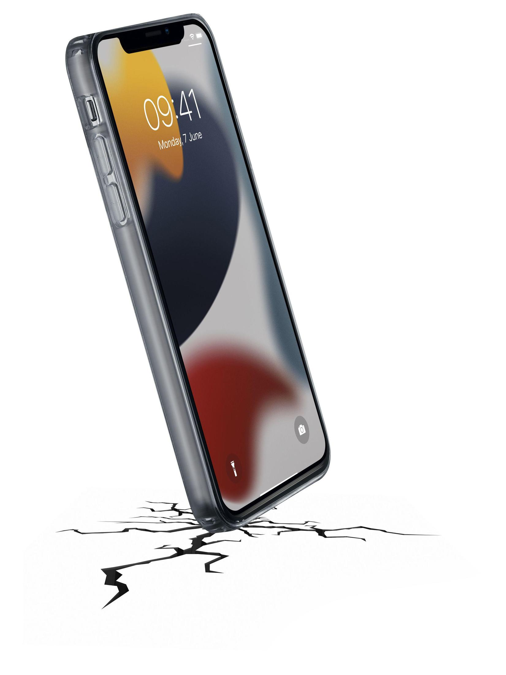 Un smartphone con funda transparente cae, agrietando la superficie. Pantalla con iconos.