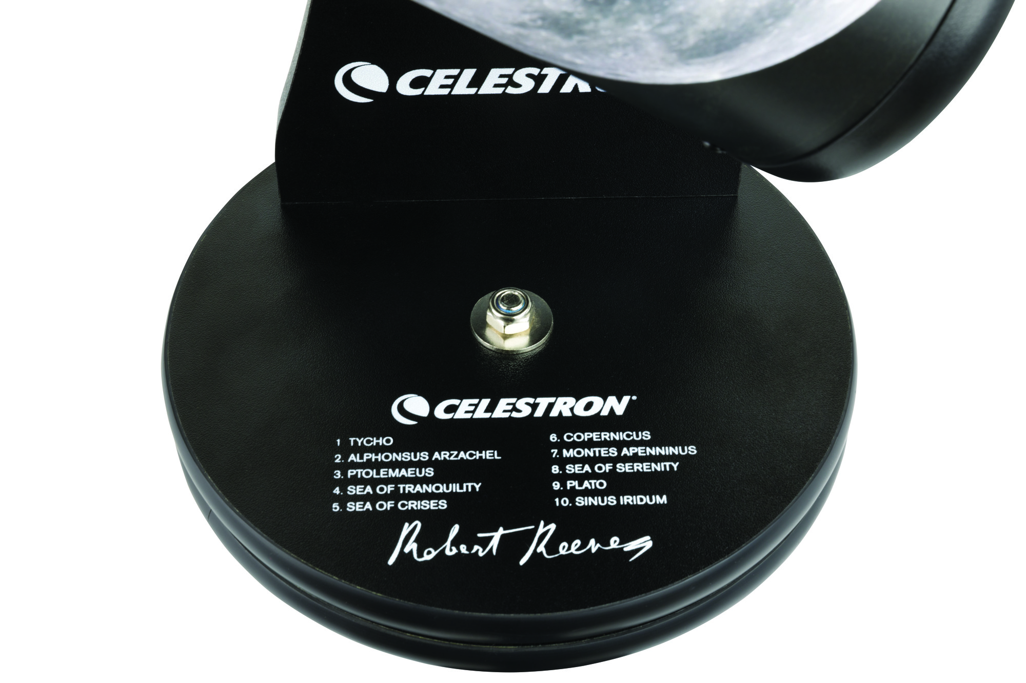 Ein Teleskopsockel, schwarz mit Text, der Mondmerkmale und das Celestron-Logo auflistet.