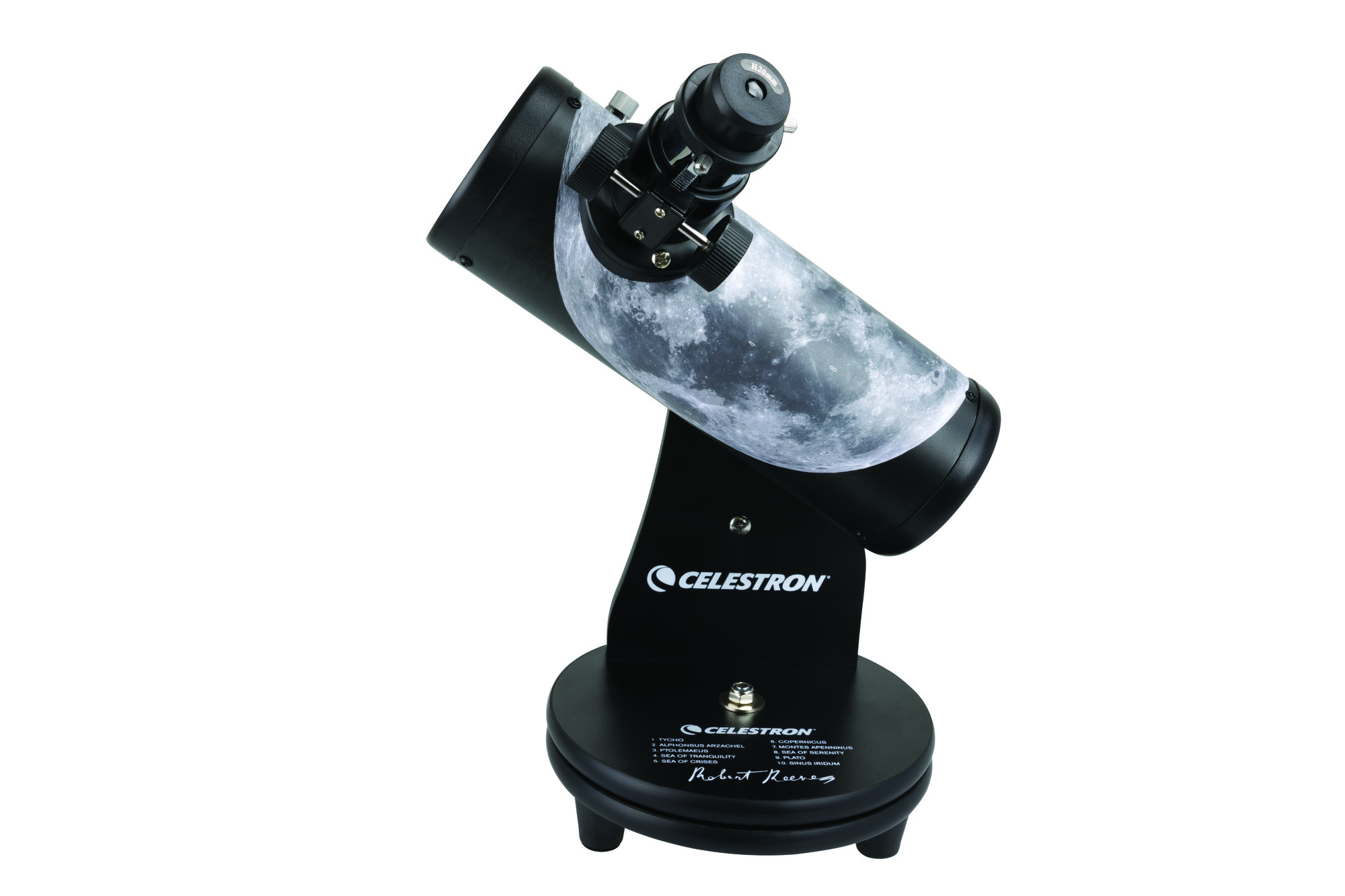 Teleskop auf schwarzem Ständer, Mondmuster auf dem Tubus, Celestron-Logo und eine Unterschrift.