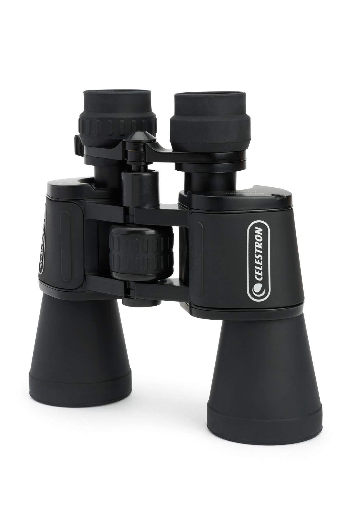 Schwarzes Fernglas mit dem Celestron-Logo auf weißem Hintergrund.