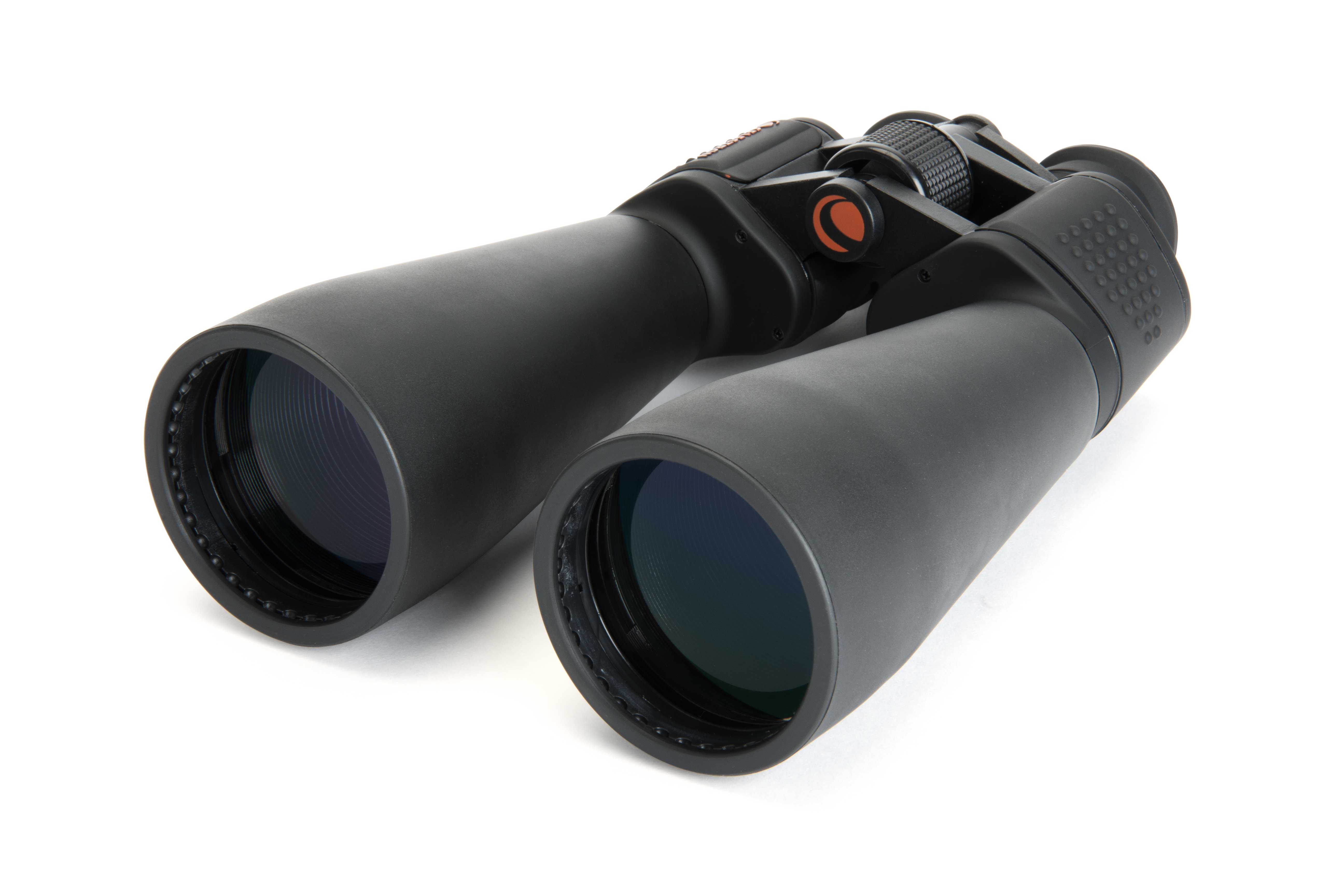 Schwarzes Fernglas mit großen Linsen. Der Markenname Celestron steht oben. Die Linsen sind dunkel, weißer Hintergrund.