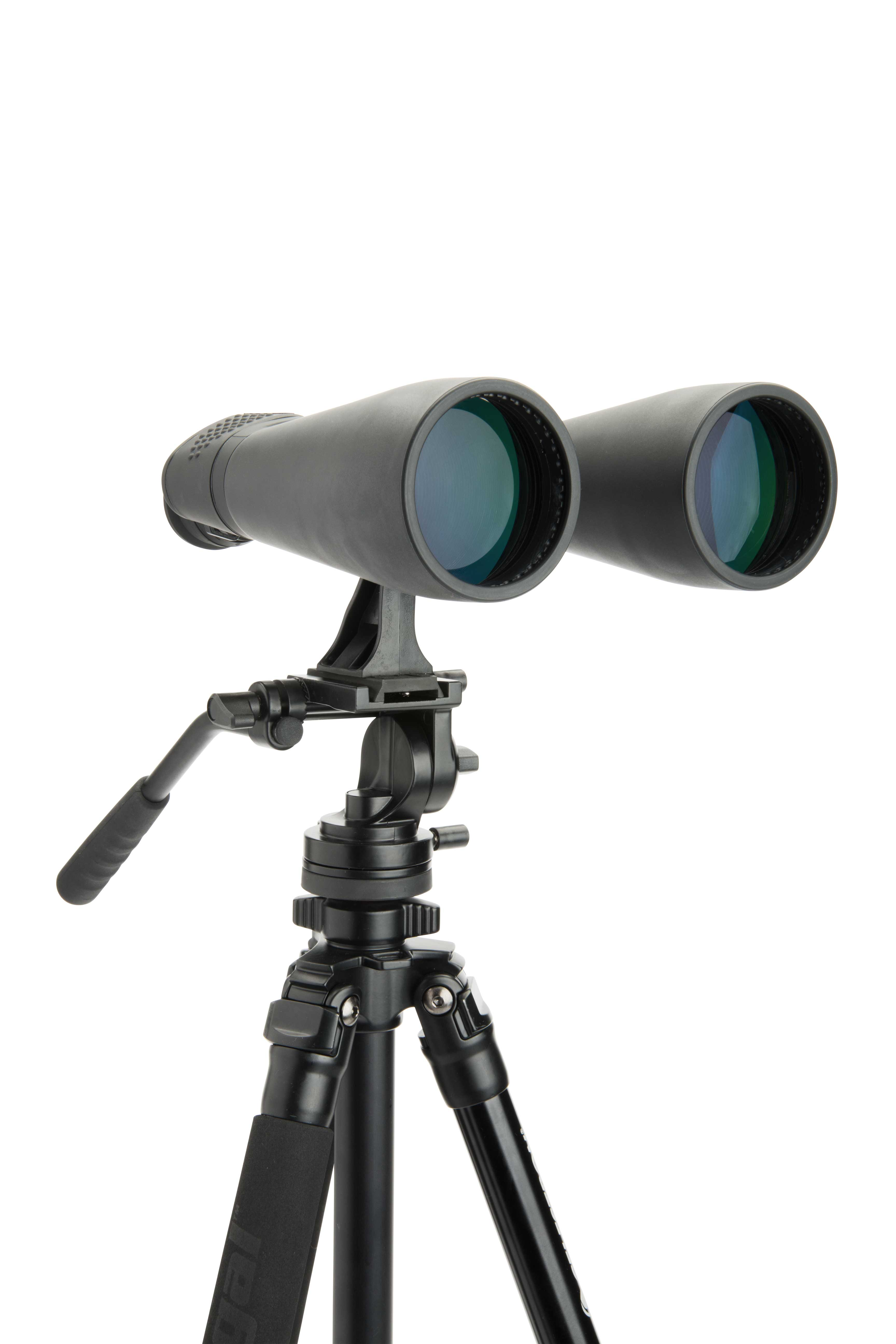 Schwarzes Fernglas auf einem Stativ, einsatzbereit.