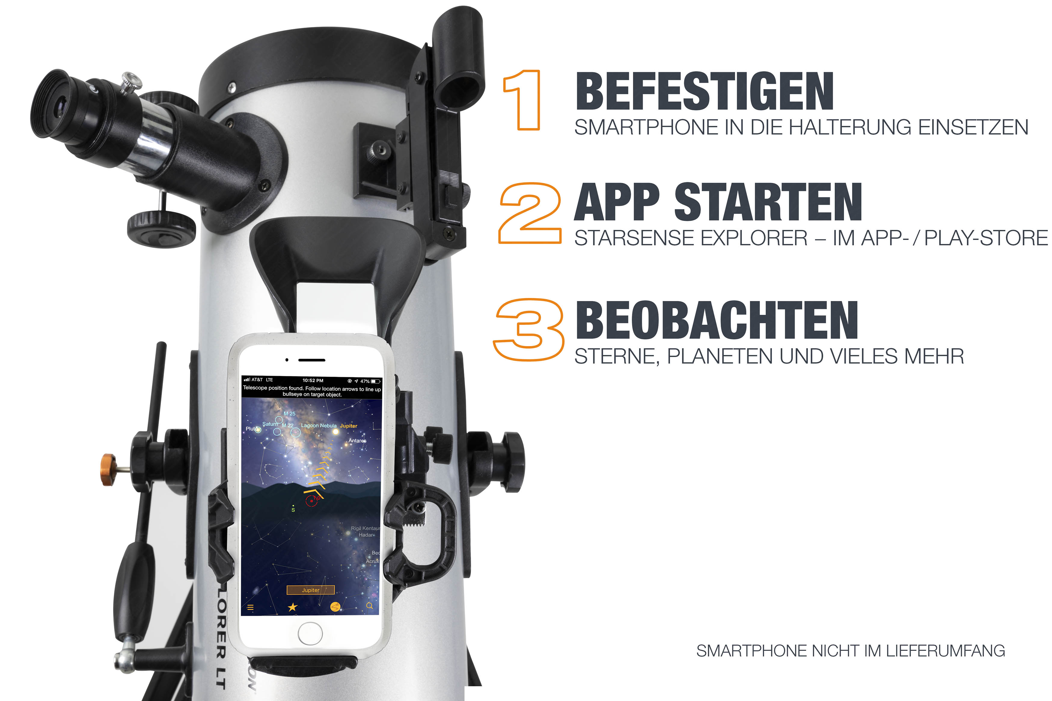 Ein Teleskop und ein Smartphone mit Sternenhimmel. Anweisungen: Telefon anbringen, App starten, Sterne beobachten.