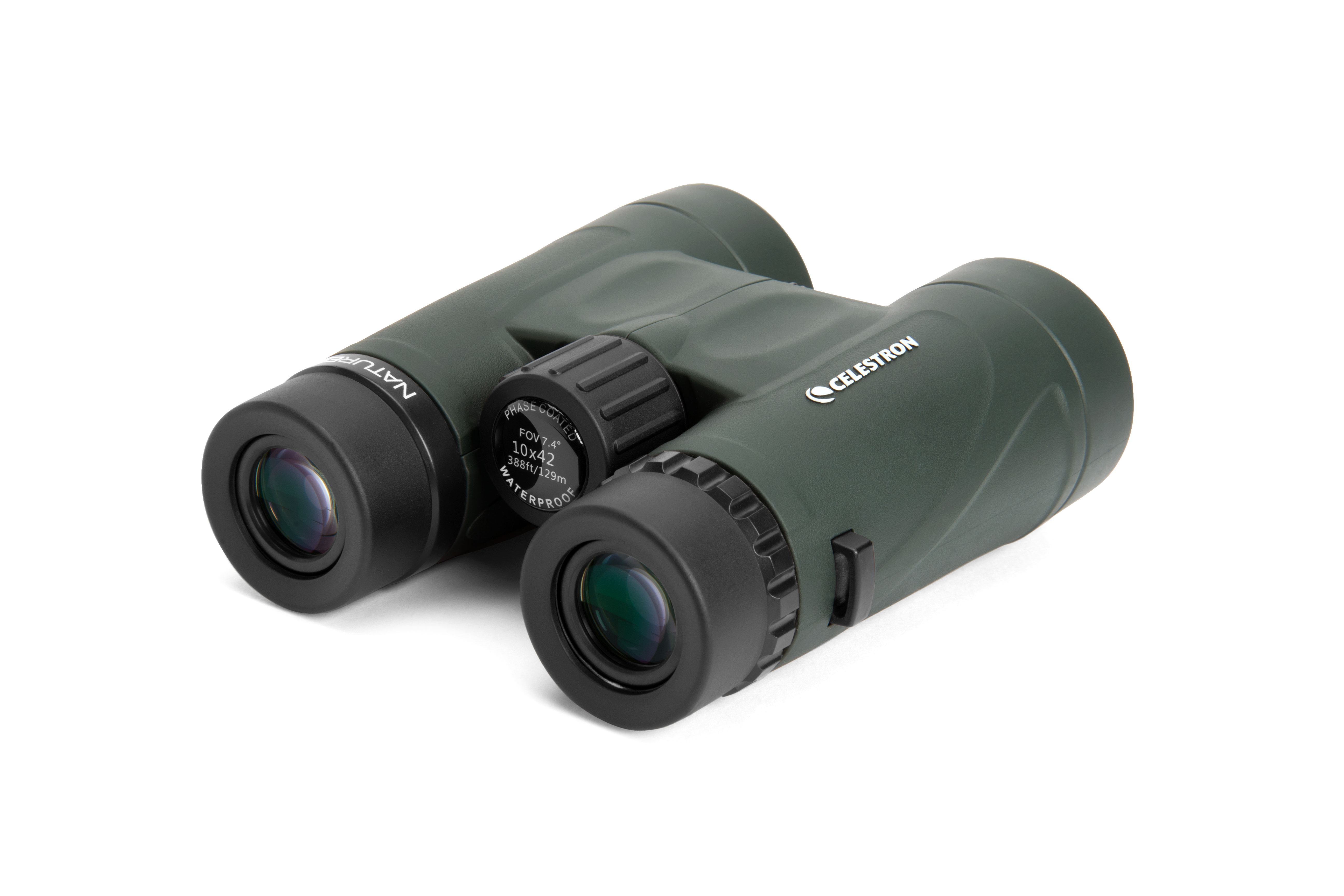 Grünes und schwarzes Fernglas auf weißem Hintergrund. Die Marke ist Celestron.
