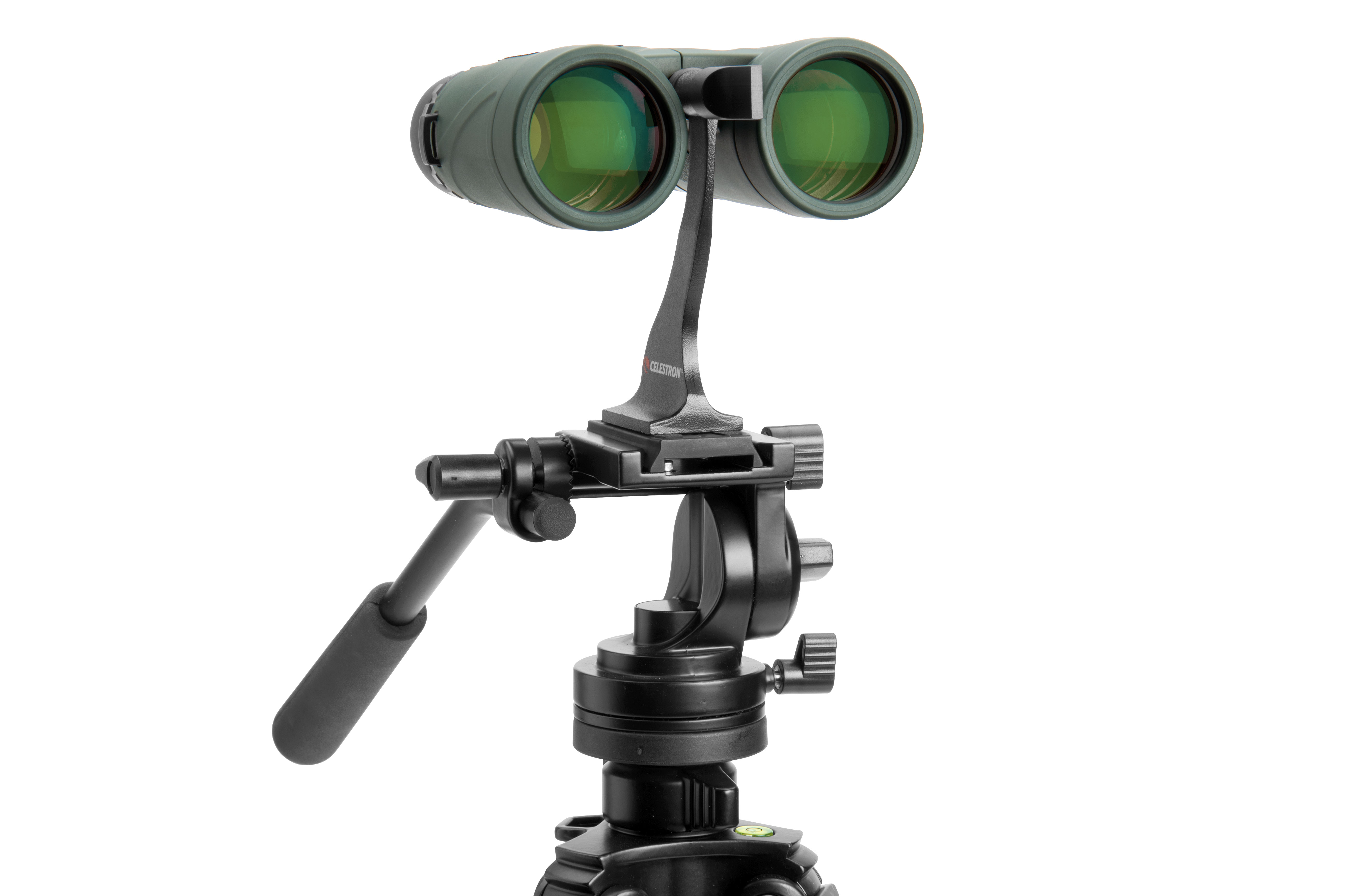 Grünes Fernglas auf Stativ, mit grünen Linsen.