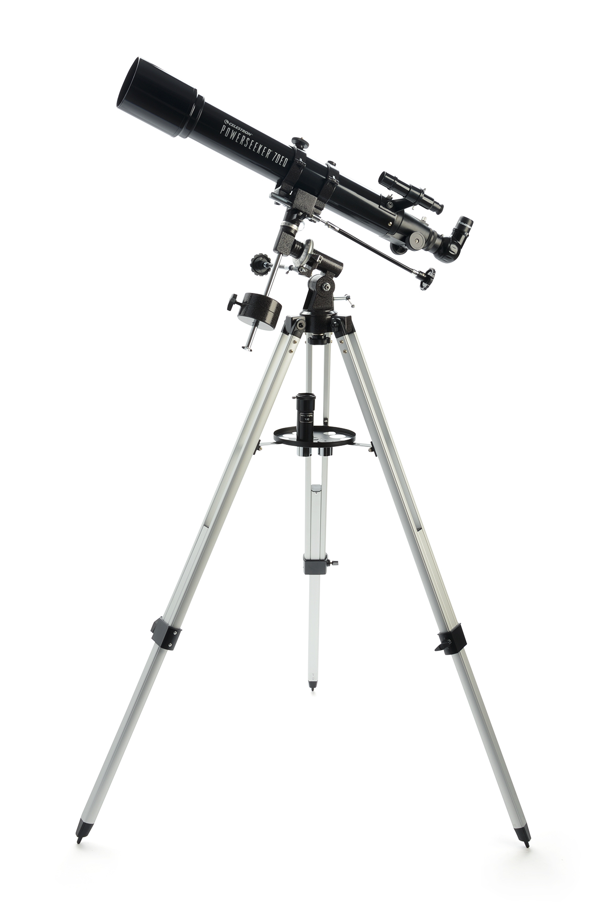 Schwarzes Teleskop auf Stativ, nach oben gerichtet, mit weißem Hintergrund.