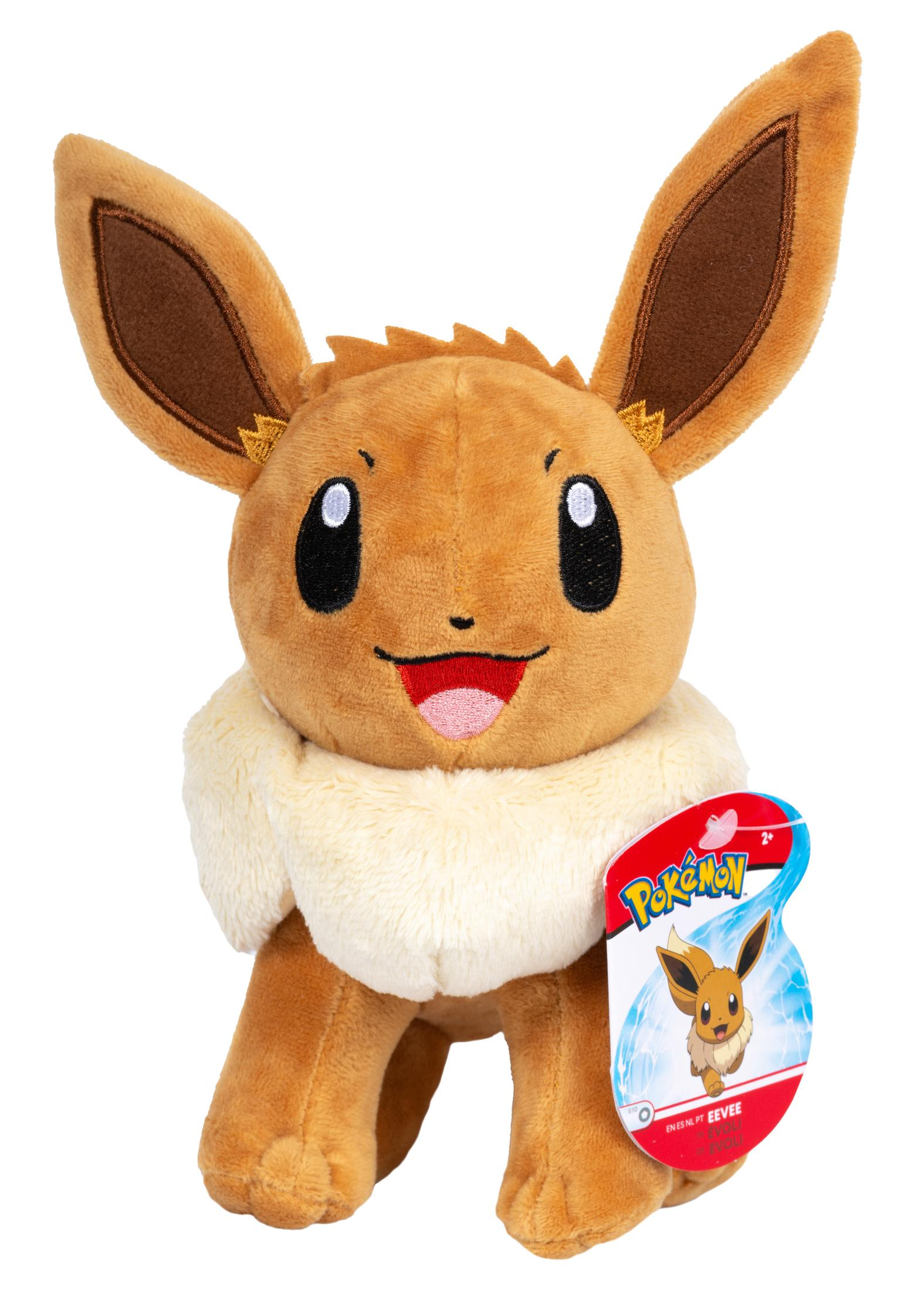 Eevee-Plüschtier mit Anhänger. Es hat braune Ohren und einen beigen Hals.