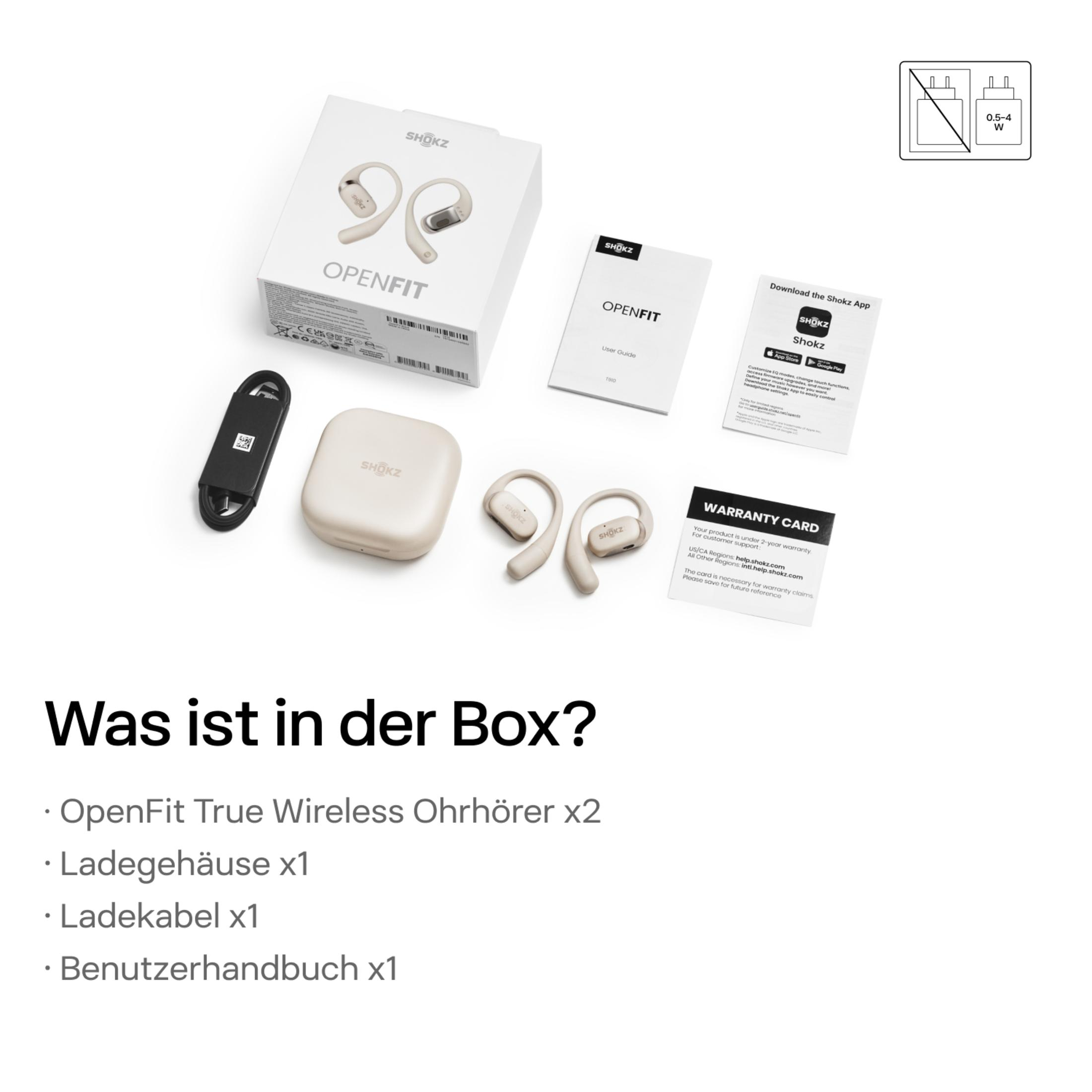 Pudełko ze słuchawkami Shokz OpenFit i akcesoriami. Białe tło.