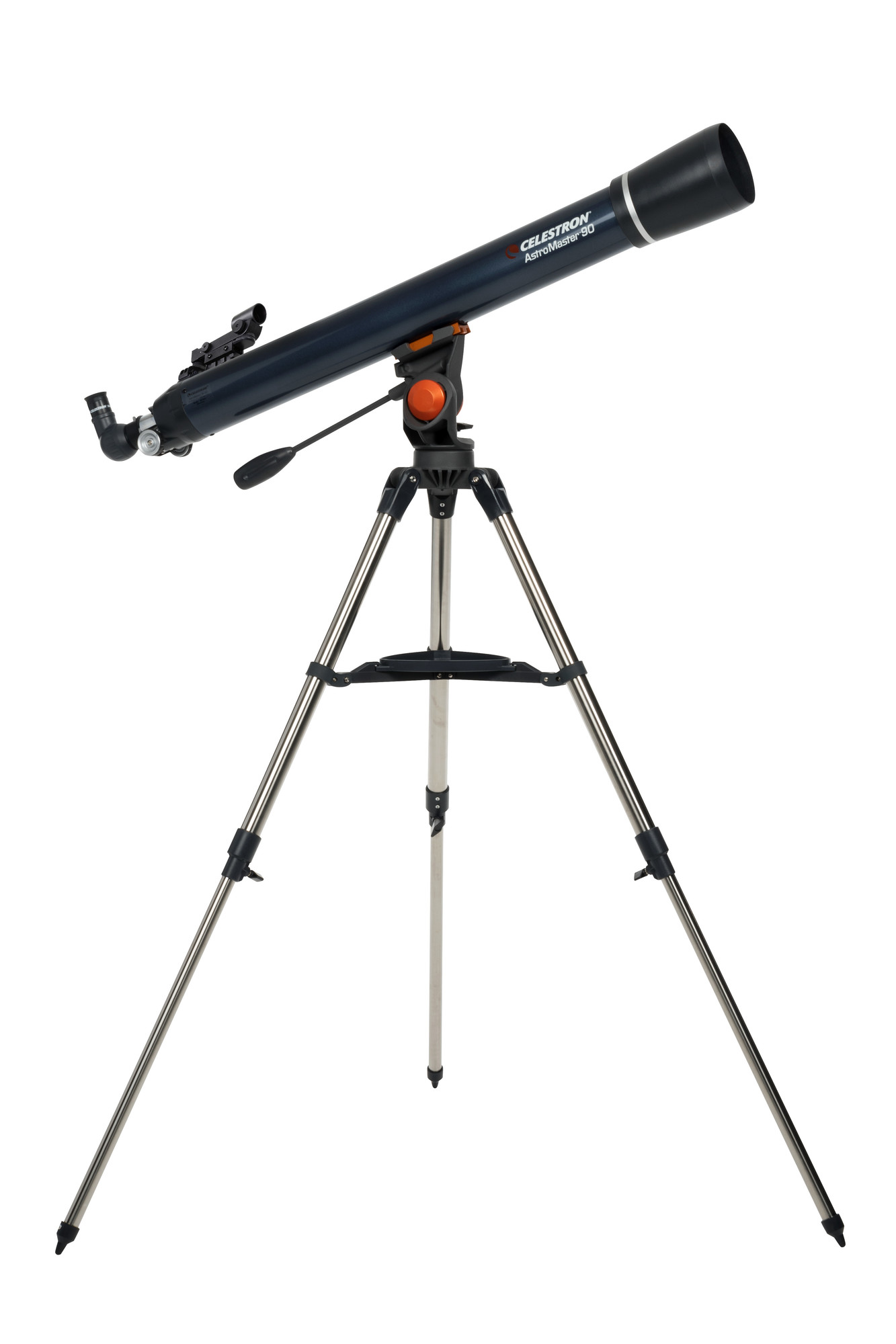 Schwarzes und silbernes Teleskop auf einem Stativ. Das Teleskop hat den Markennamen Celestron.