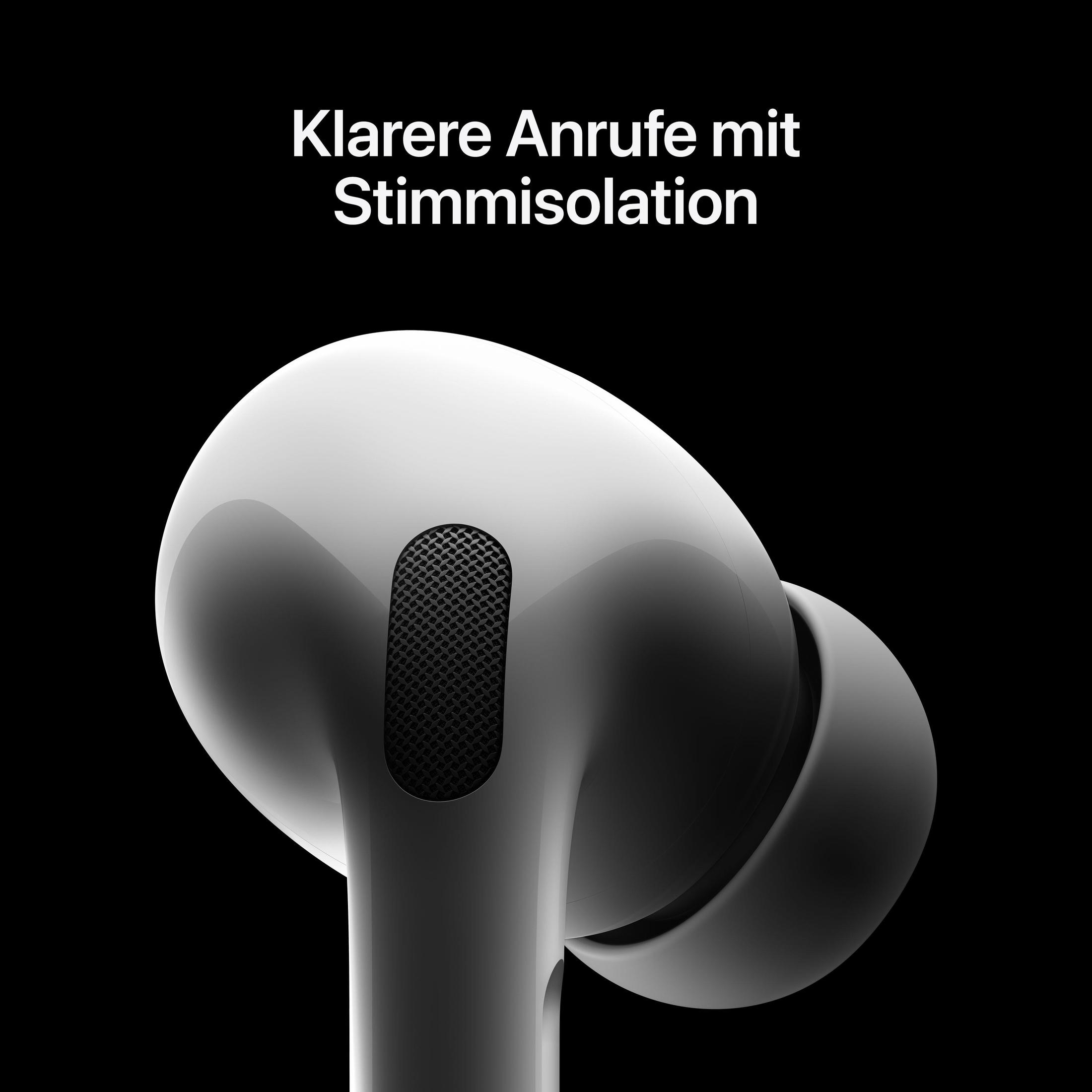 Biała bezprzewodowa słuchawka zbliżenie. Tekst: 'Klarere Anrufe mit Stimmisolation' na czarnym tle.