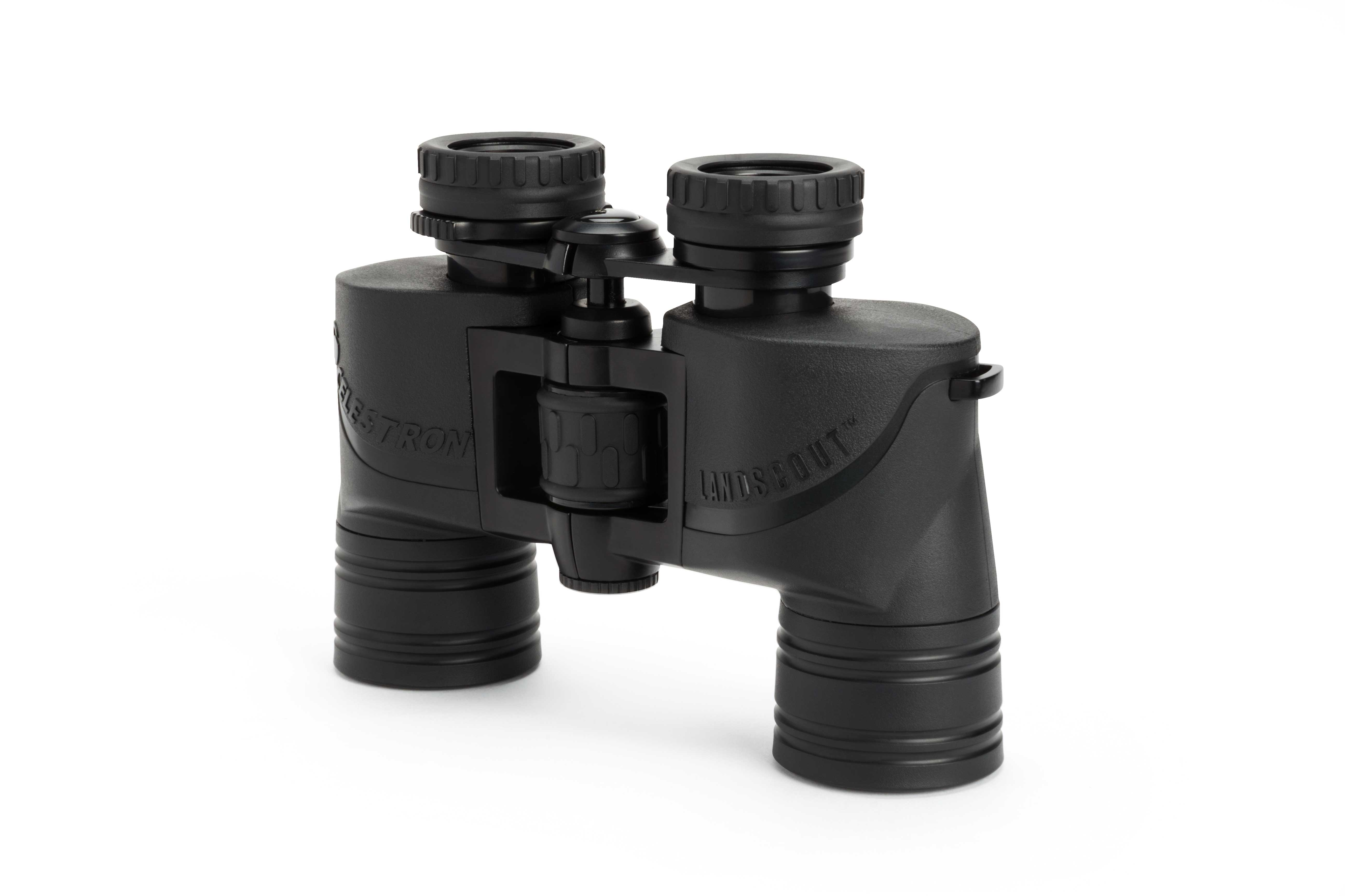 Schwarzes Fernglas auf weißem Untergrund, mit dem Markennamen Celestron und Crosscout.