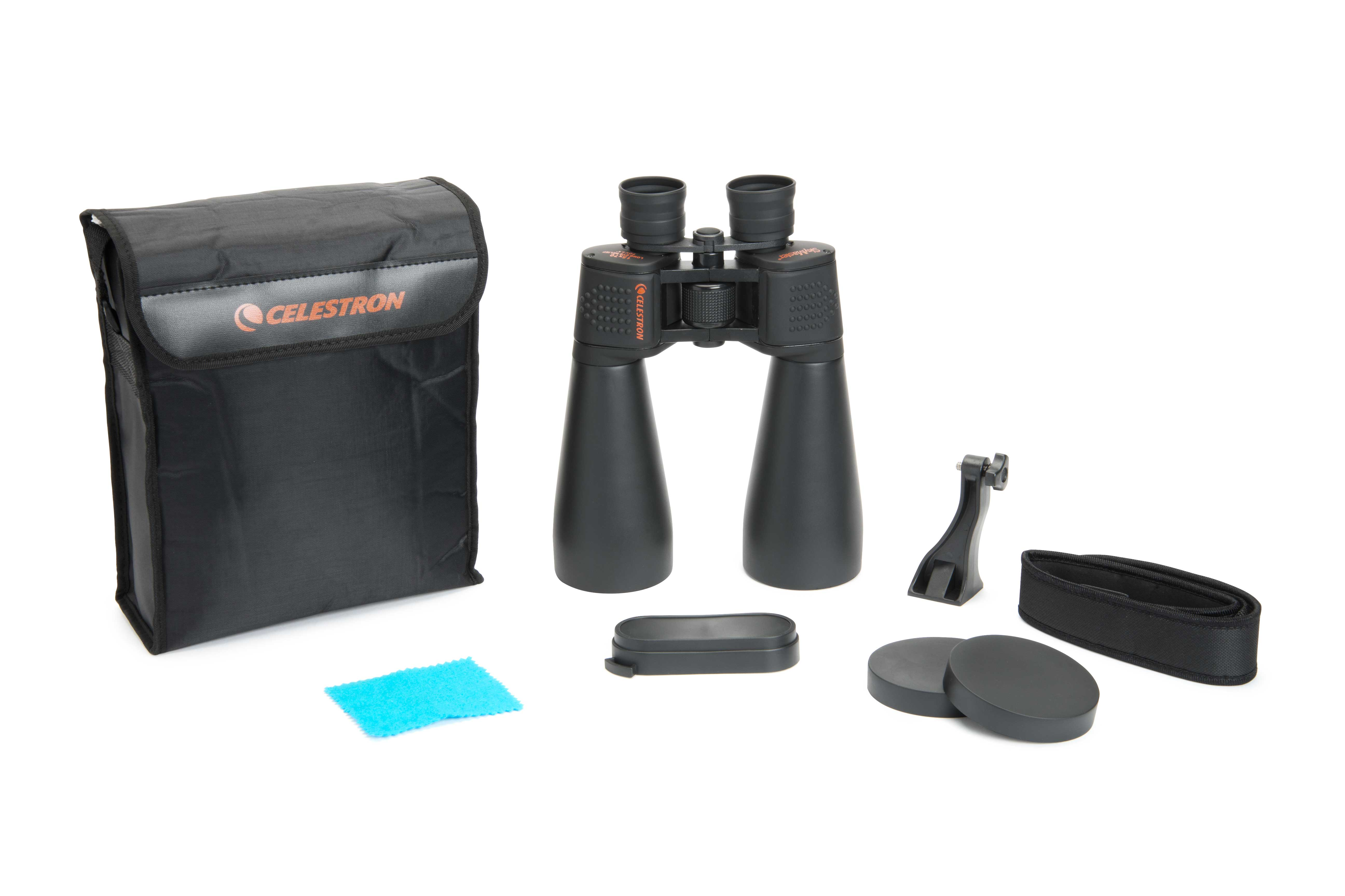 Schwarzes Fernglas mit Zubehör: Tasche, Riemen und Objektivdeckel.
