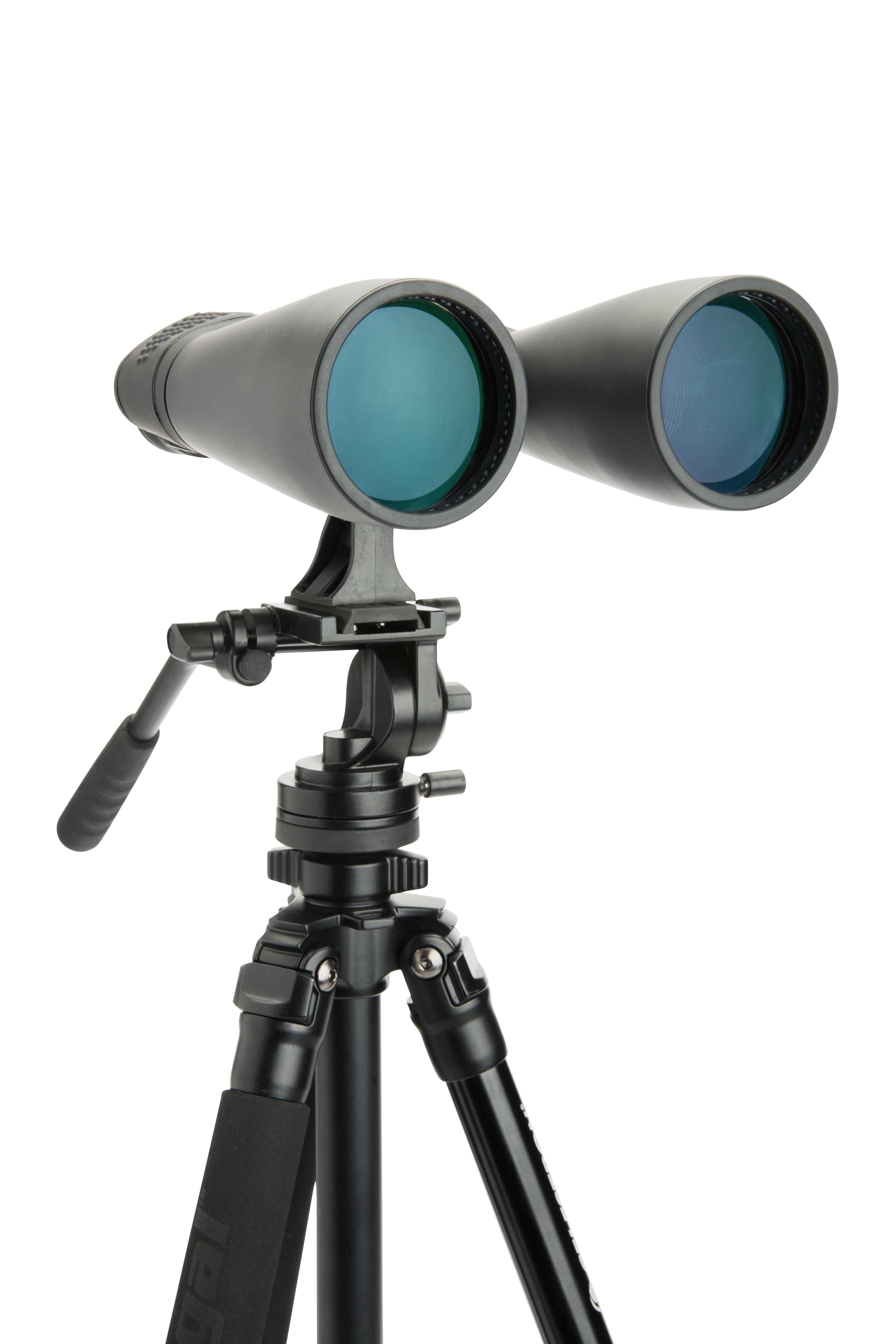 Schwarzes Fernglas auf einem schwarzen Stativ montiert. Weißer Hintergrund.