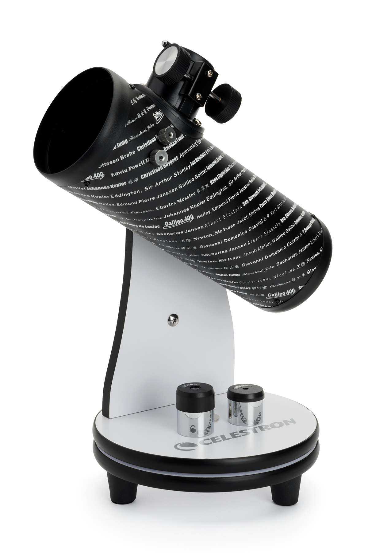 Ein schwarz-weißes Teleskop auf einem weißen Ständer mit zwei Okularen.