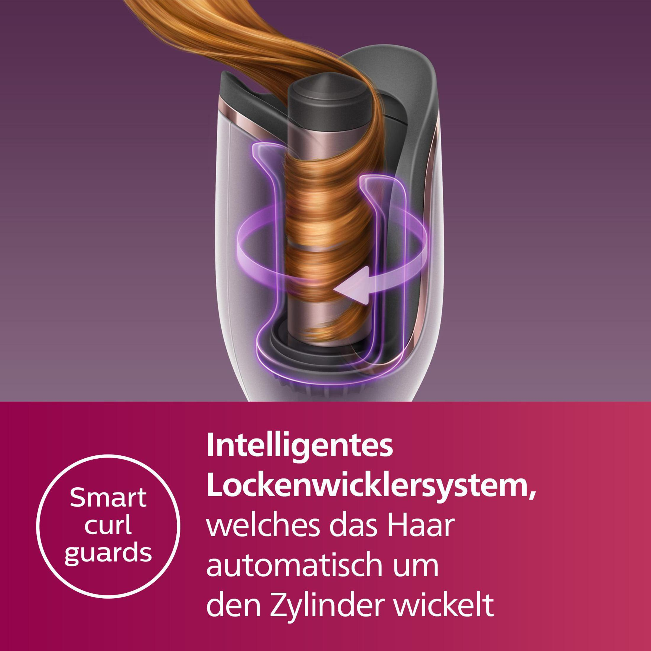 Saç kıvırcıkladırıcı, sarılmış saçlarla. Metin: Smart curl guards ve Akıllı sistem.