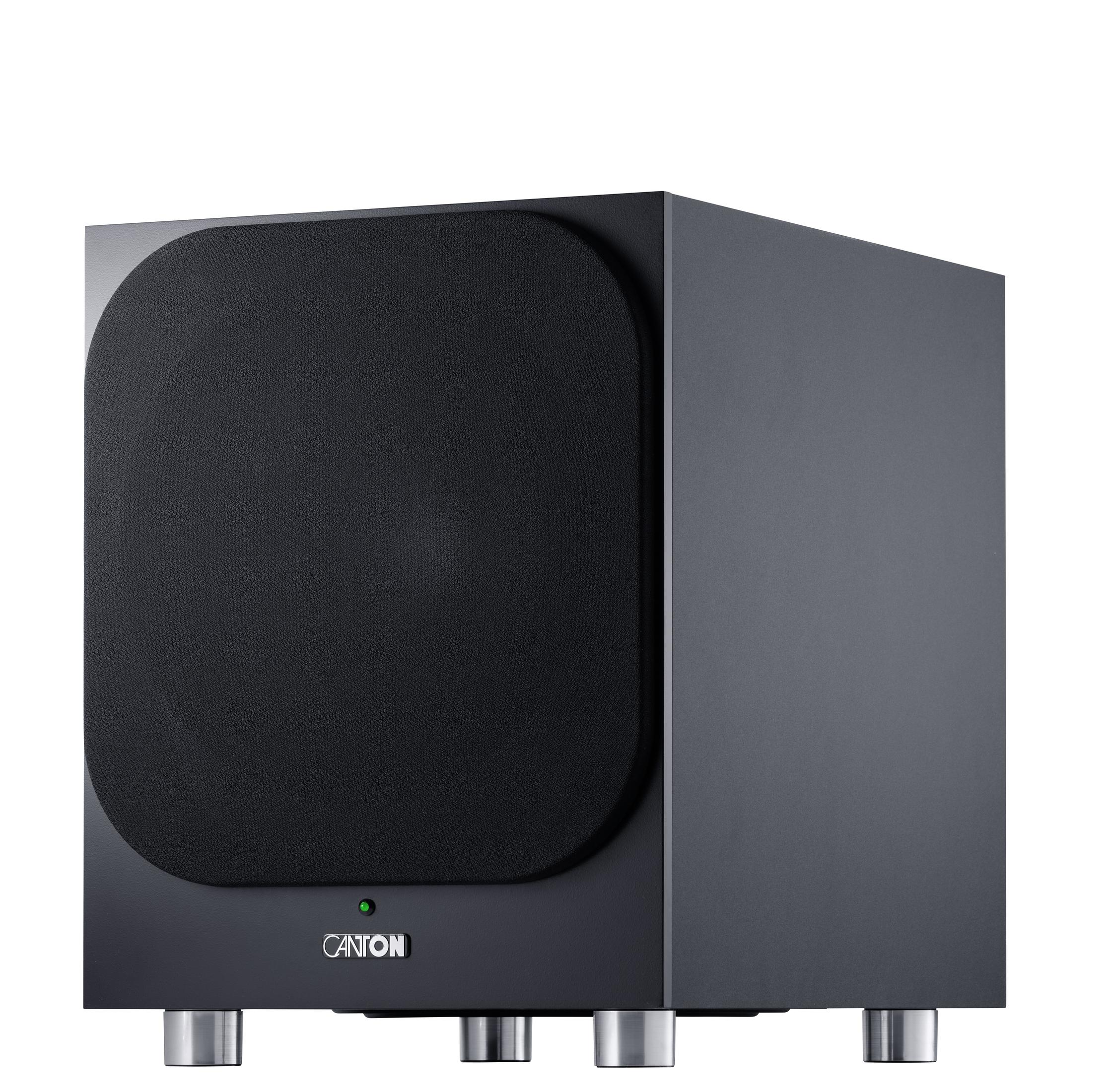 Ein schwarzer Subwoofer mit dunkler Frontabdeckung und silbernen Beinen.