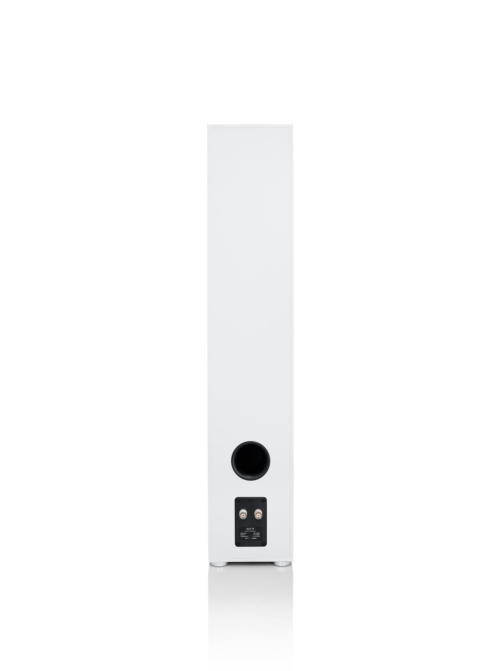 Ein hoher weißer Lautsprecher mit schwarzem Subwoofer und Anschlüssen unten.