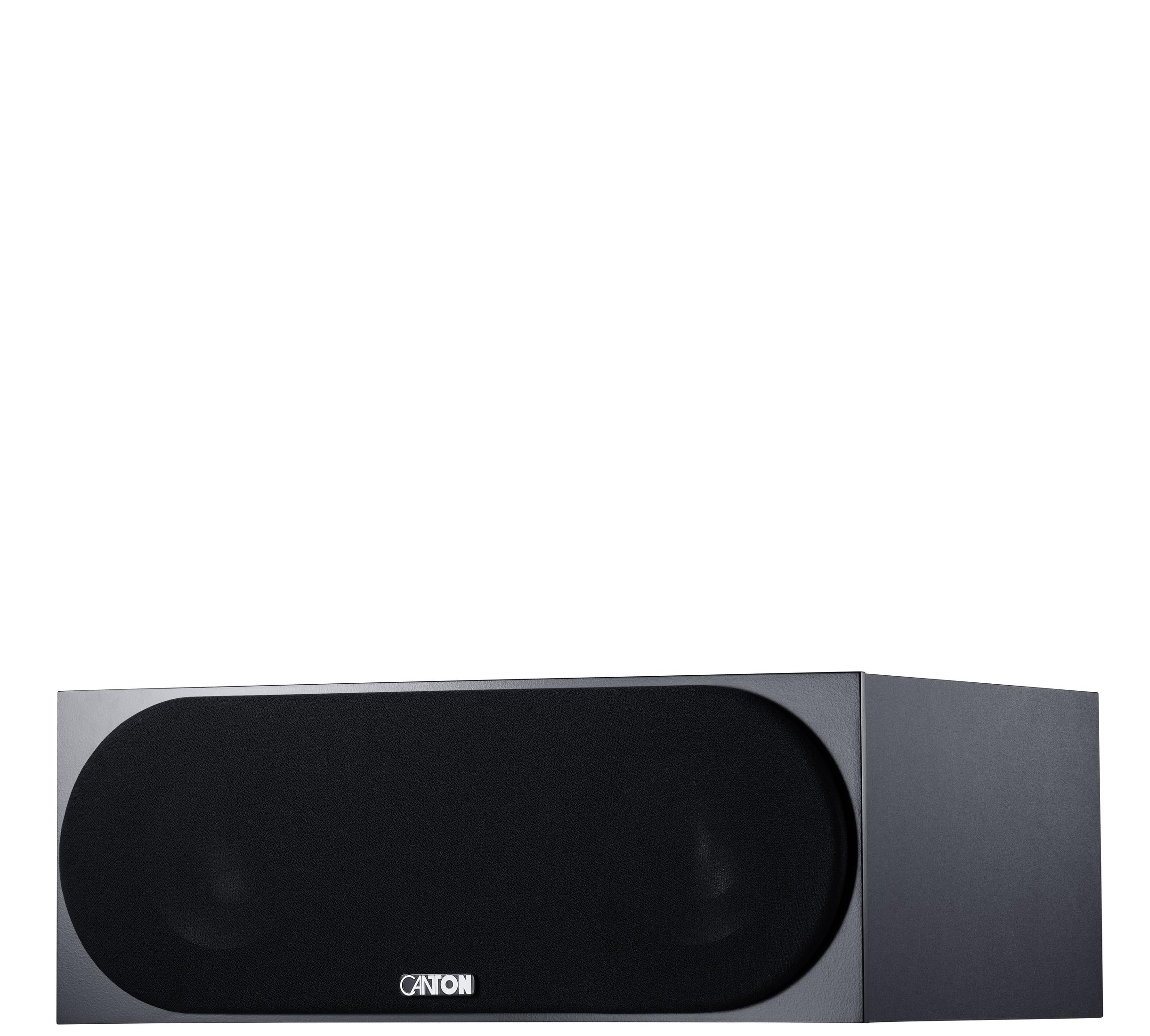 Schwarze Canton-Soundbar. Sie hat eine Stofffront und eine rechteckige Form.