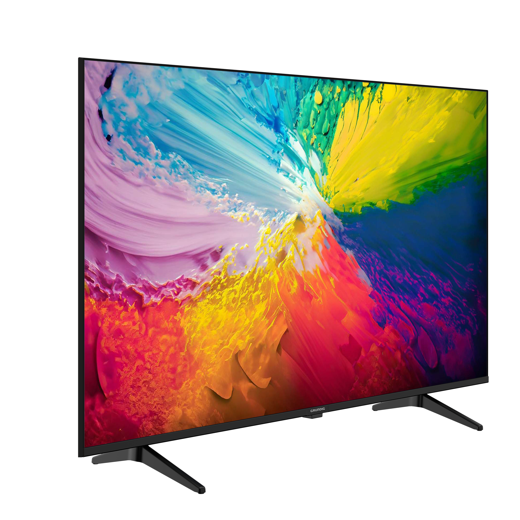 Un televisor con un diseño abstracto colorido en la pantalla. Patas negras.