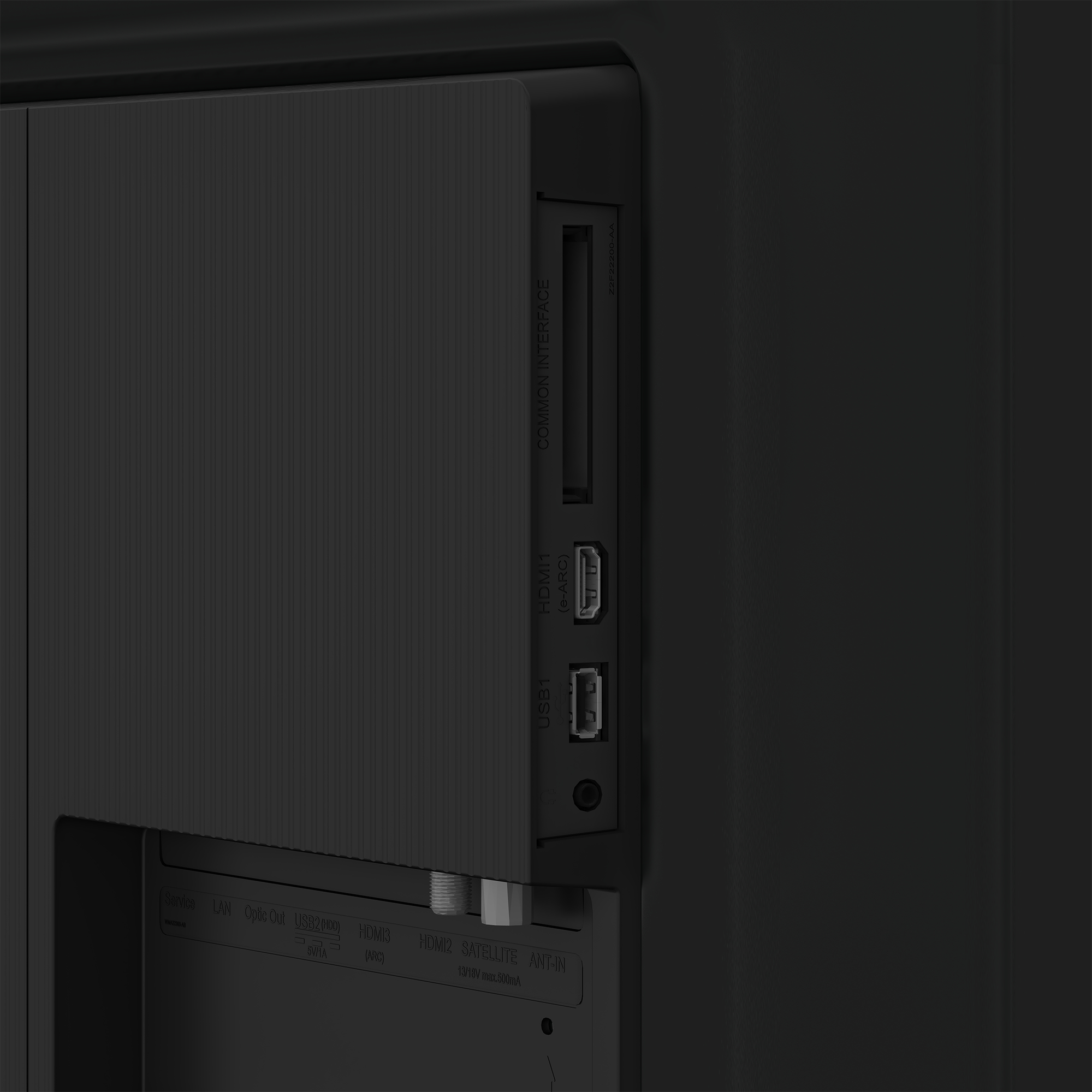 Primer plano de la parte trasera de un televisor negro con diferentes puertos. HDMI, USB y otros puertos de conexión son visibles.