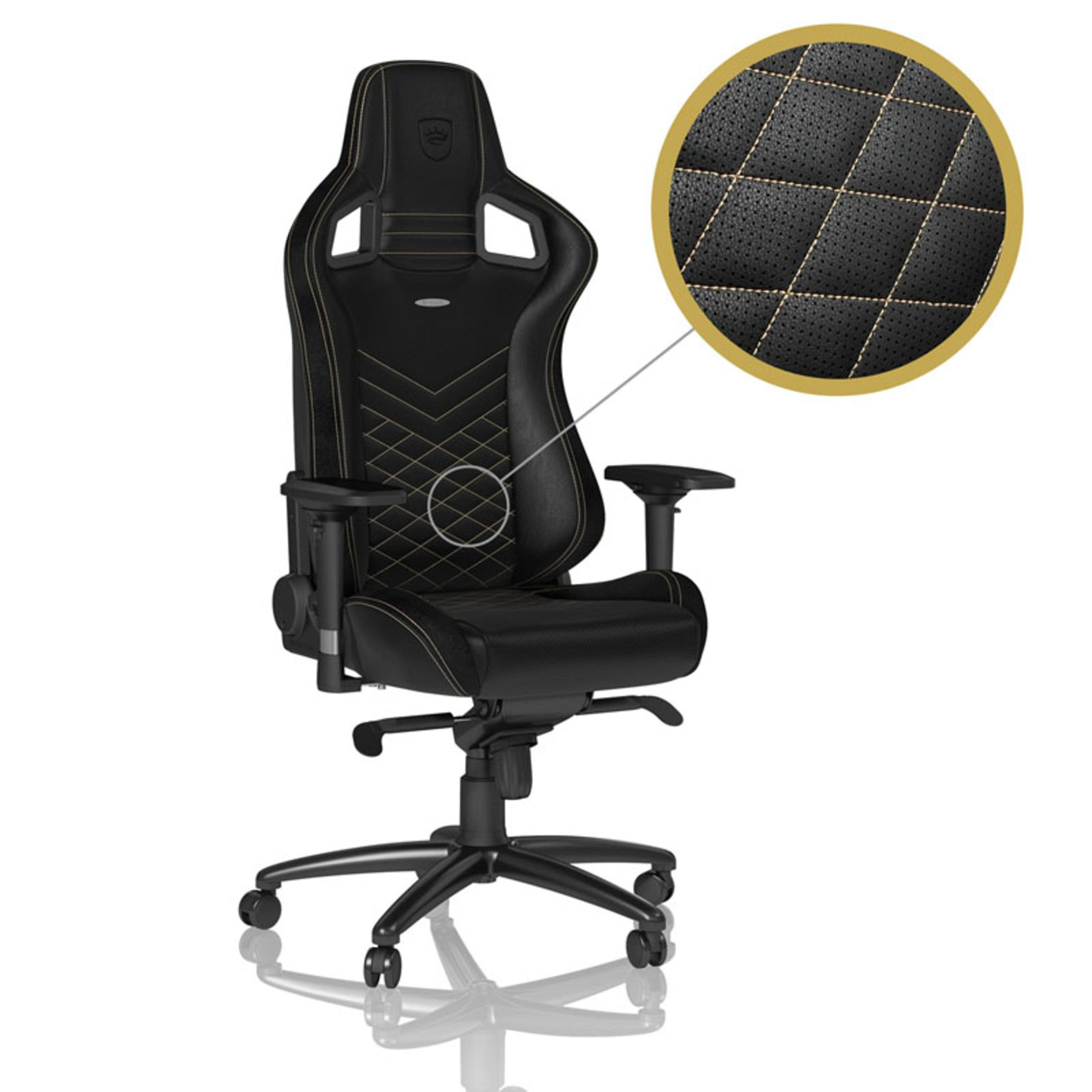 Zwarte gaming stoel met gele stiksels. Close-up toont ruitpatroon op de zitting.