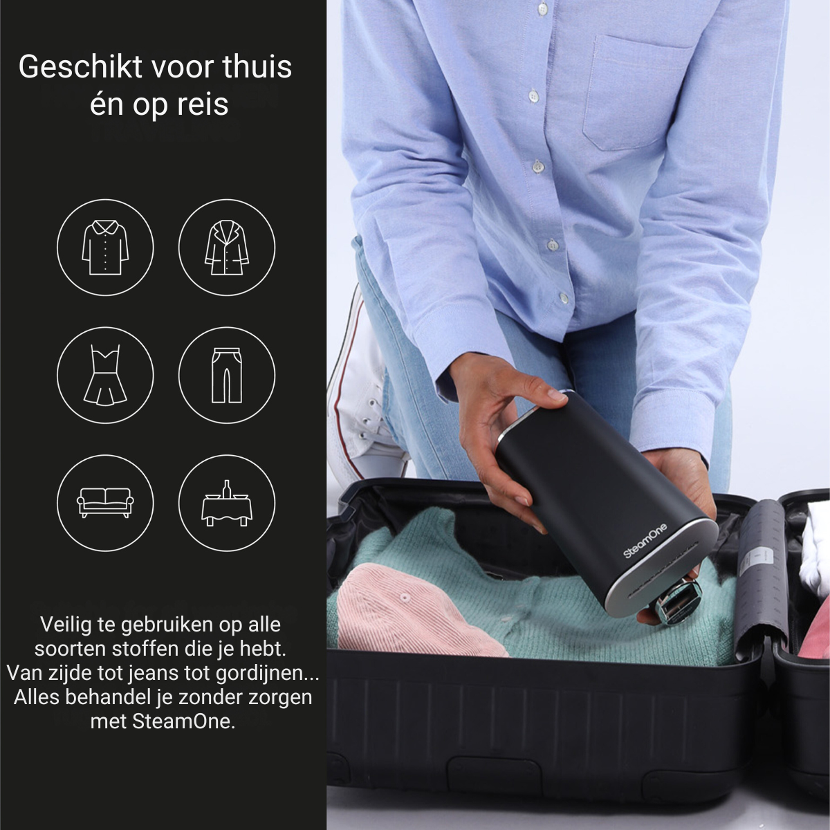Une personne range une valise avec des vêtements. Il y a des icônes pour les vêtements, un canapé et une table.
