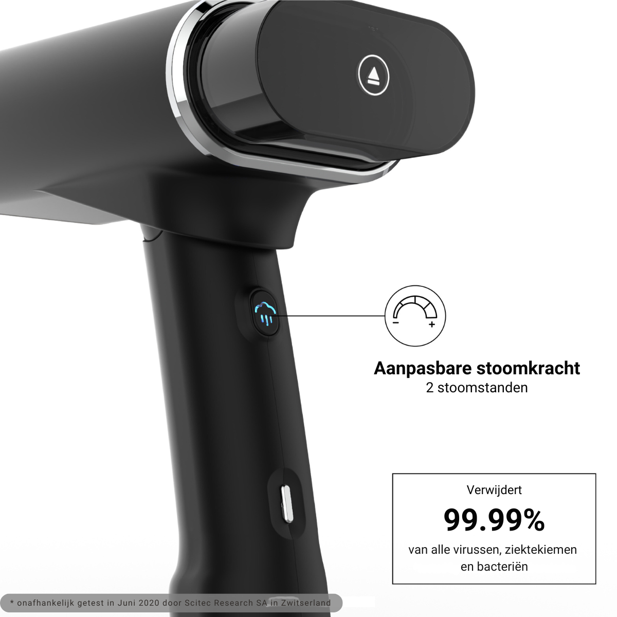 Nettoyeur vapeur portable noir. Le texte indique la puissance de vapeur réglable et la stérilisation.