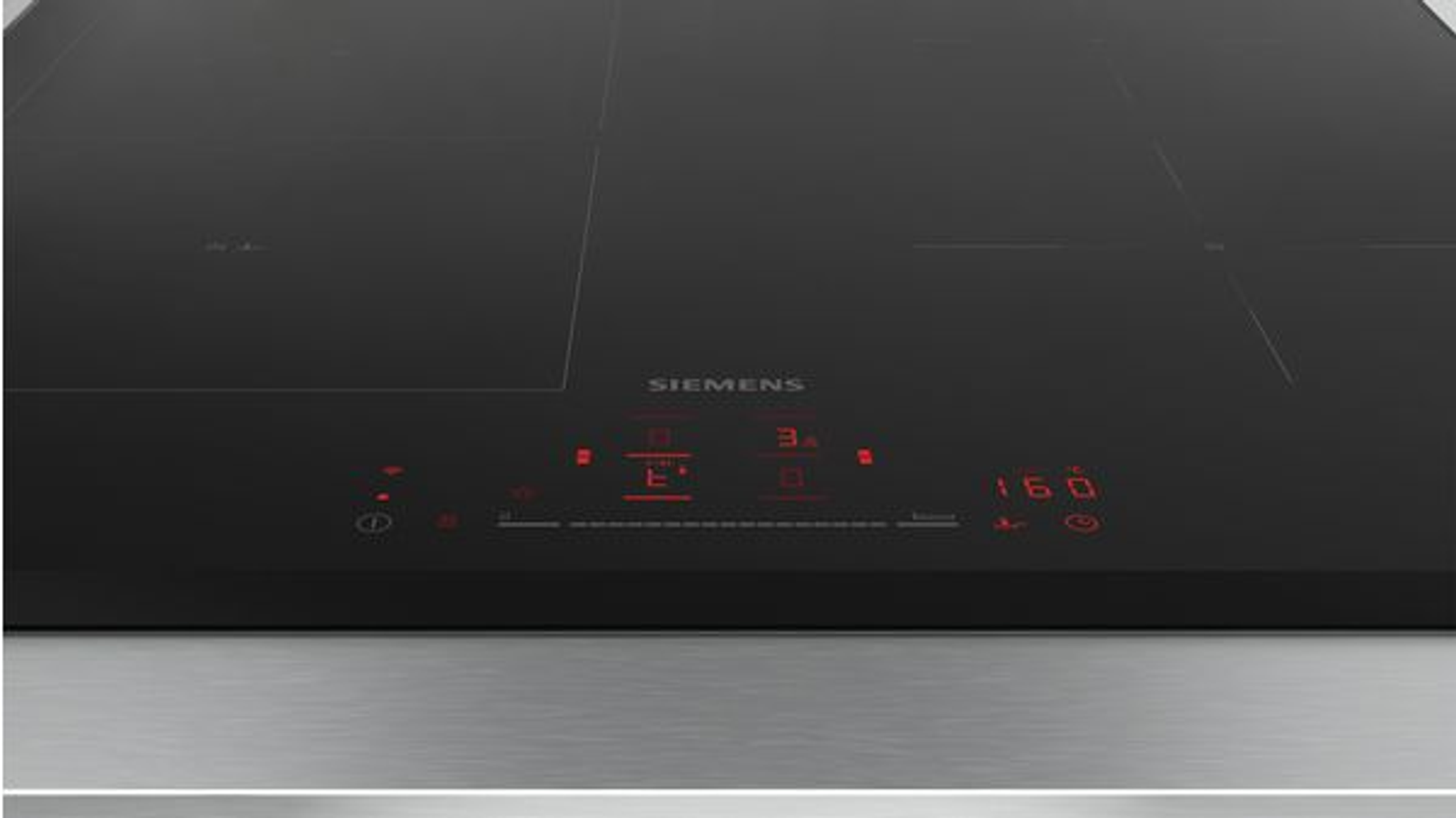 Placa de inducción Siemens negra con pantallas digitales rojas y borde de acero inoxidable.