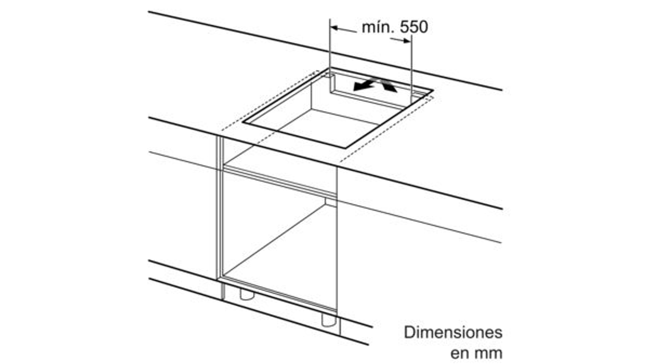 Diagrama que muestra las dimensiones necesarias para una encimera empotrada, en una encimera de cocina.