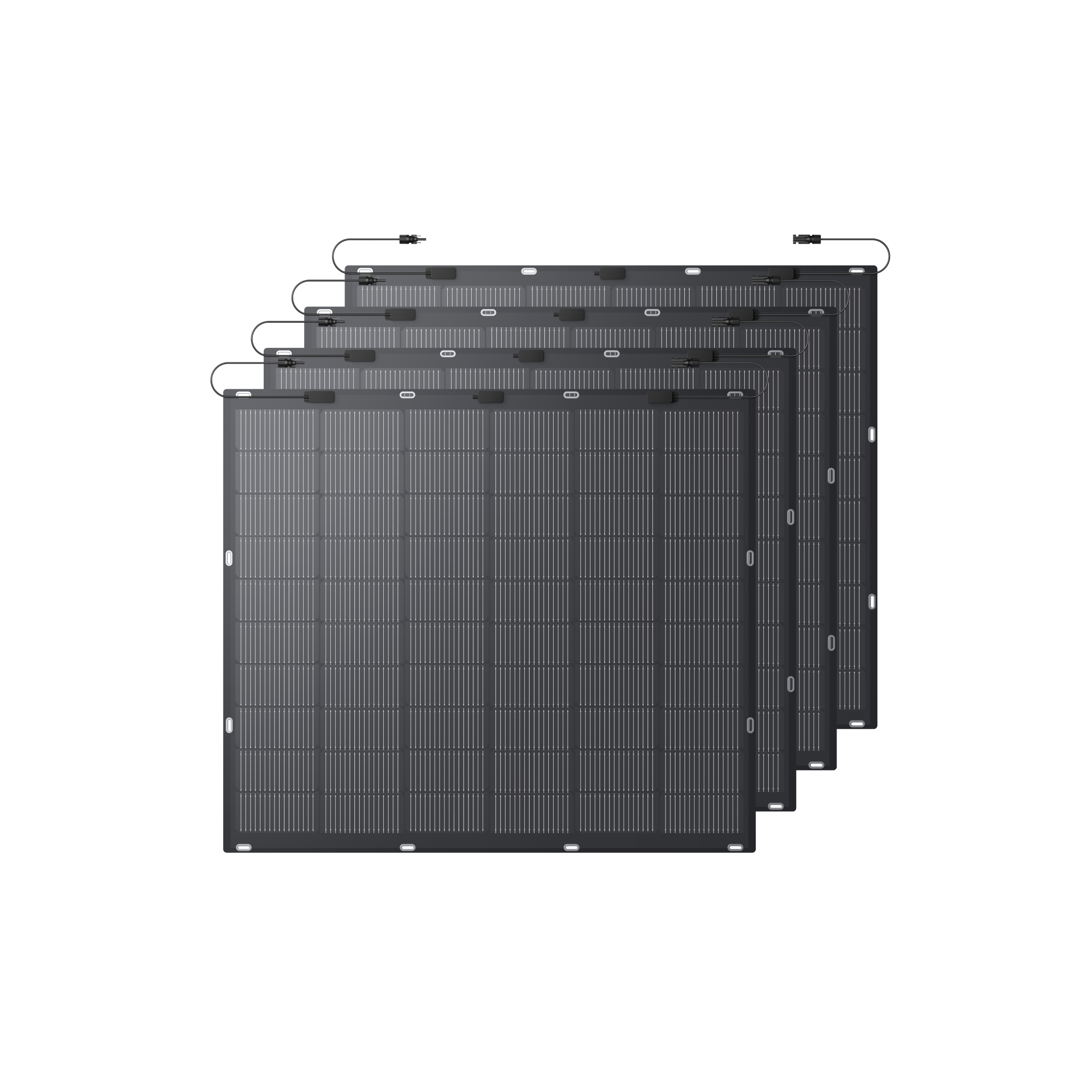 Cztery panele słoneczne ułożone na czarnym tle. Panele są ciemne i prostokątne.