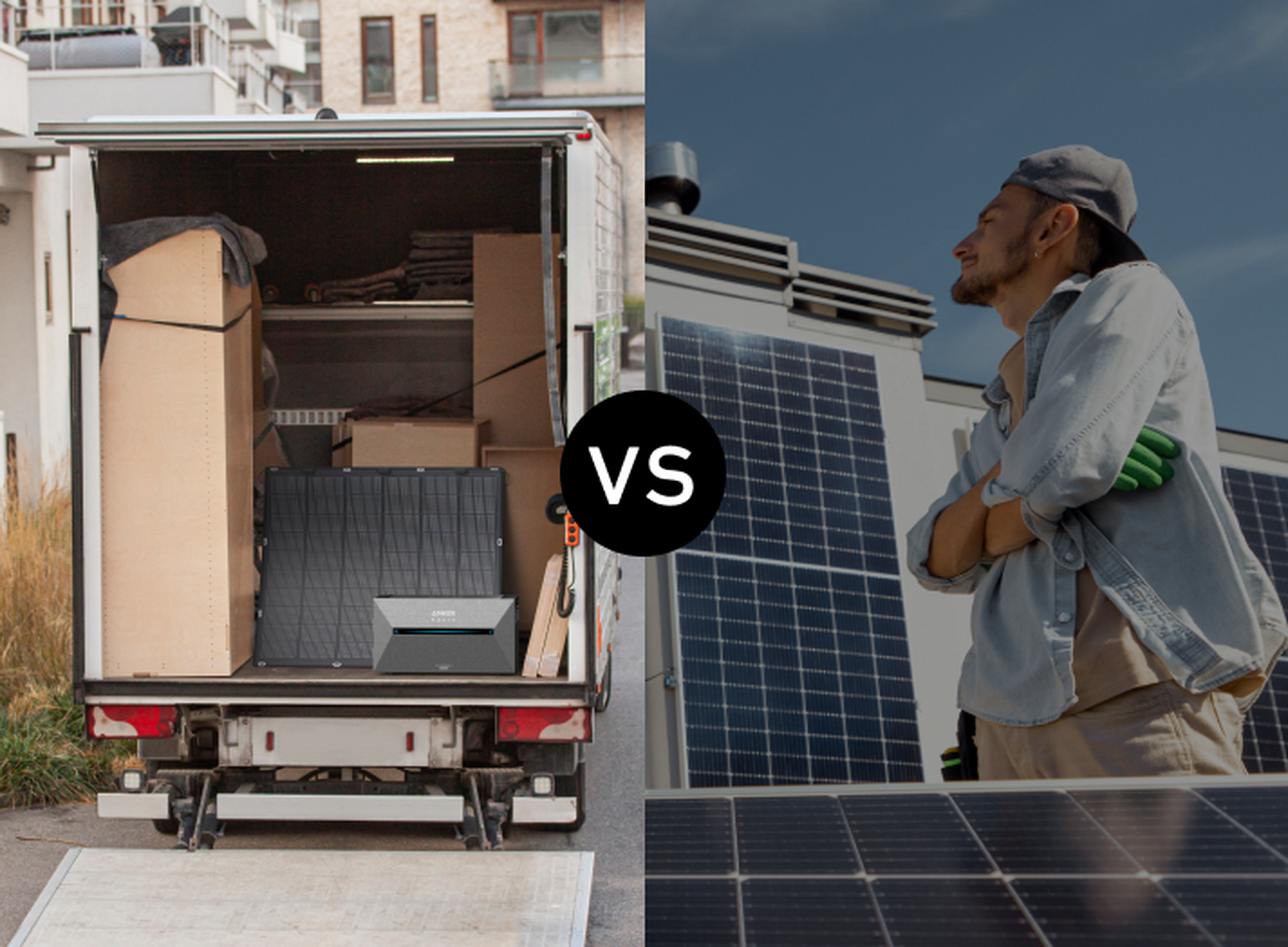 Ciężarówka załadowana pudłami kontra mężczyzna z panelami słonecznymi.