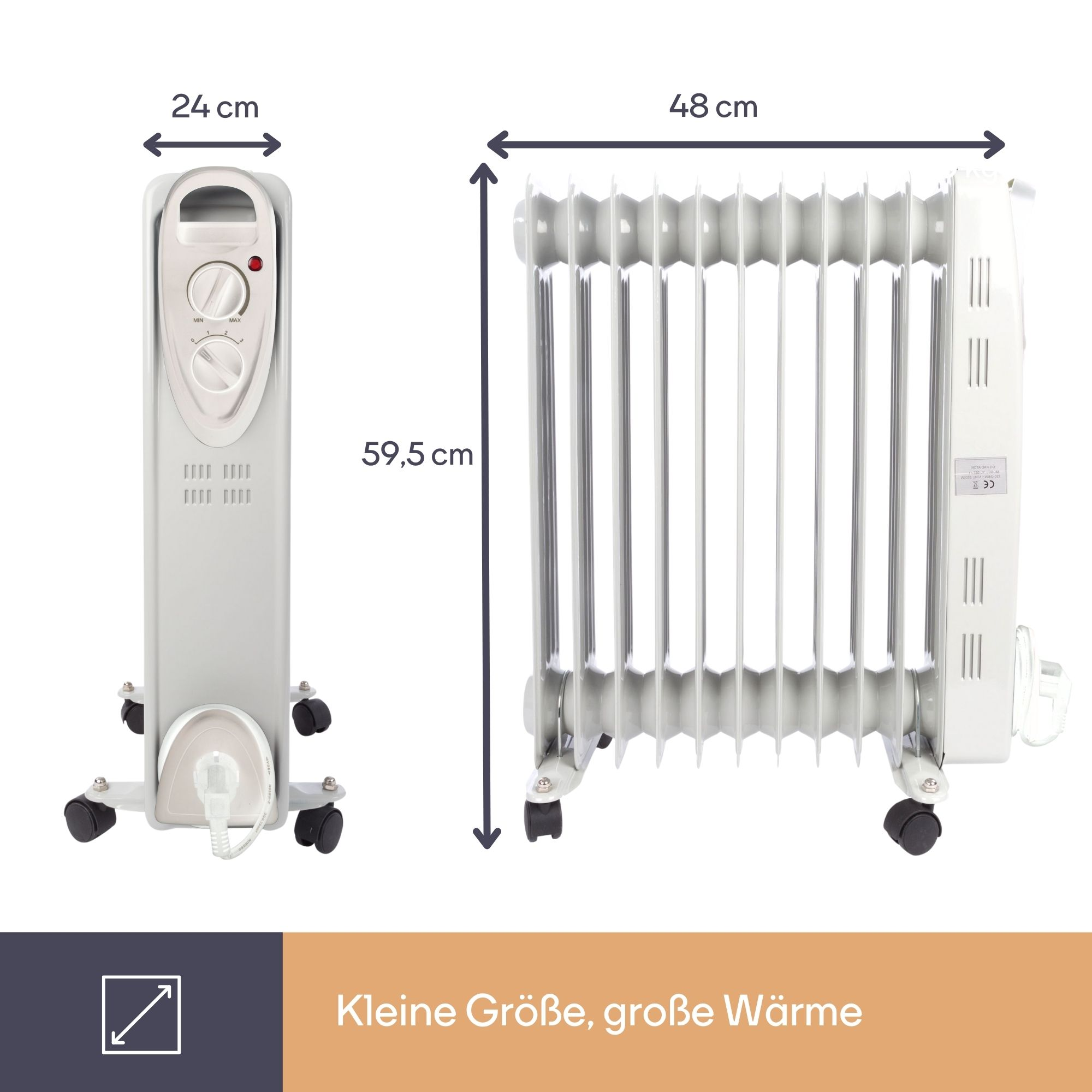 Weißer, ölbeheizter Heizkörper mit Maßen und Netzkabel. Aufschrift: Kleine Größe, große Wärme.
