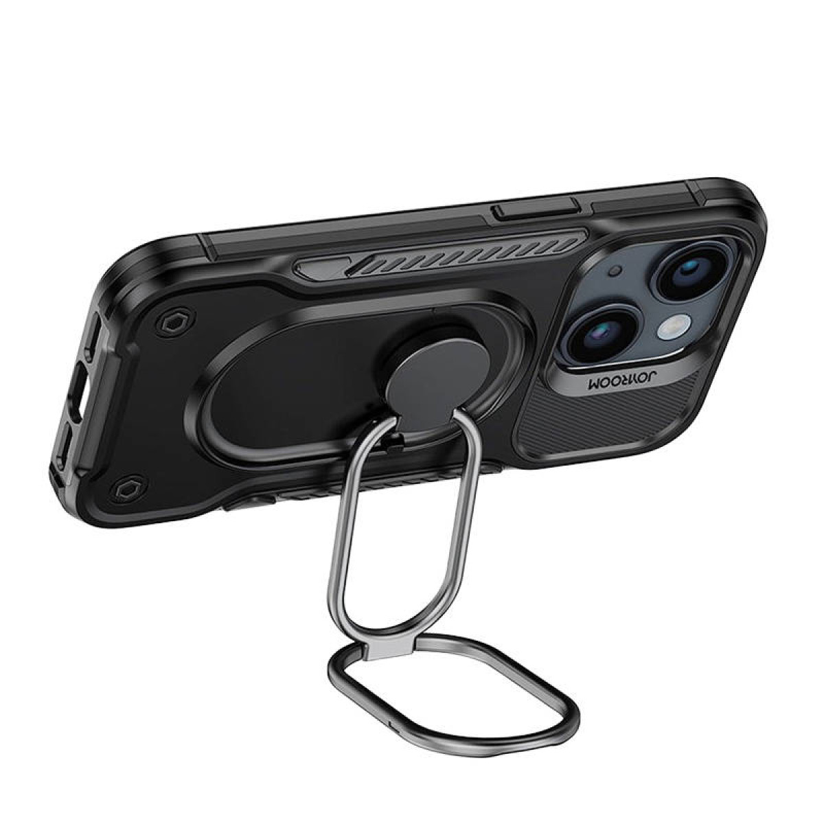 Czarne etui na telefon z wysuniętą podstawką pierścieniową, urządzenie ustawione pod kątem. Podstawka i etui na białym tle.