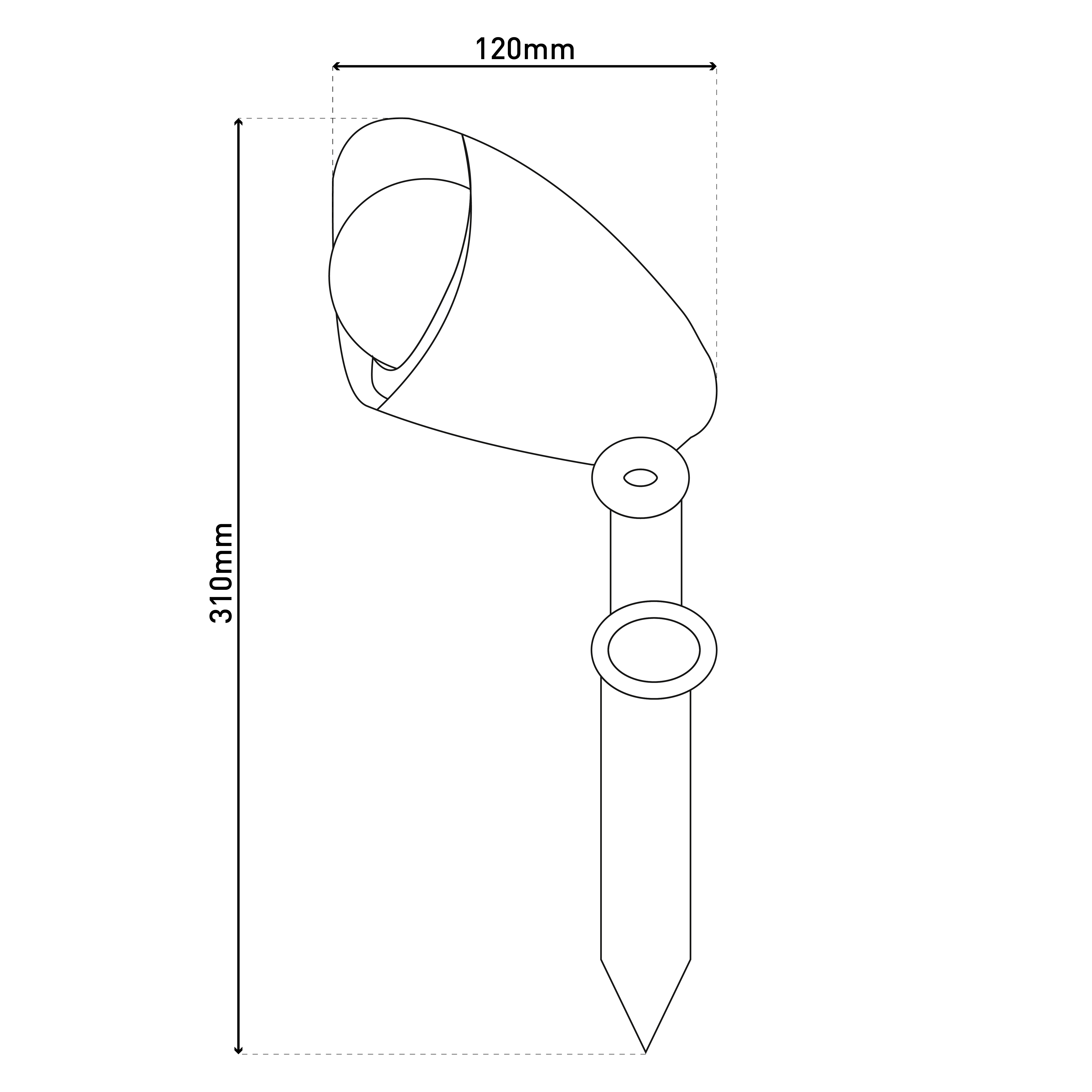 Eine Zeichnung einer Gartenleuchte mit den Abmessungen 310 mm Höhe und 120 mm Breite.