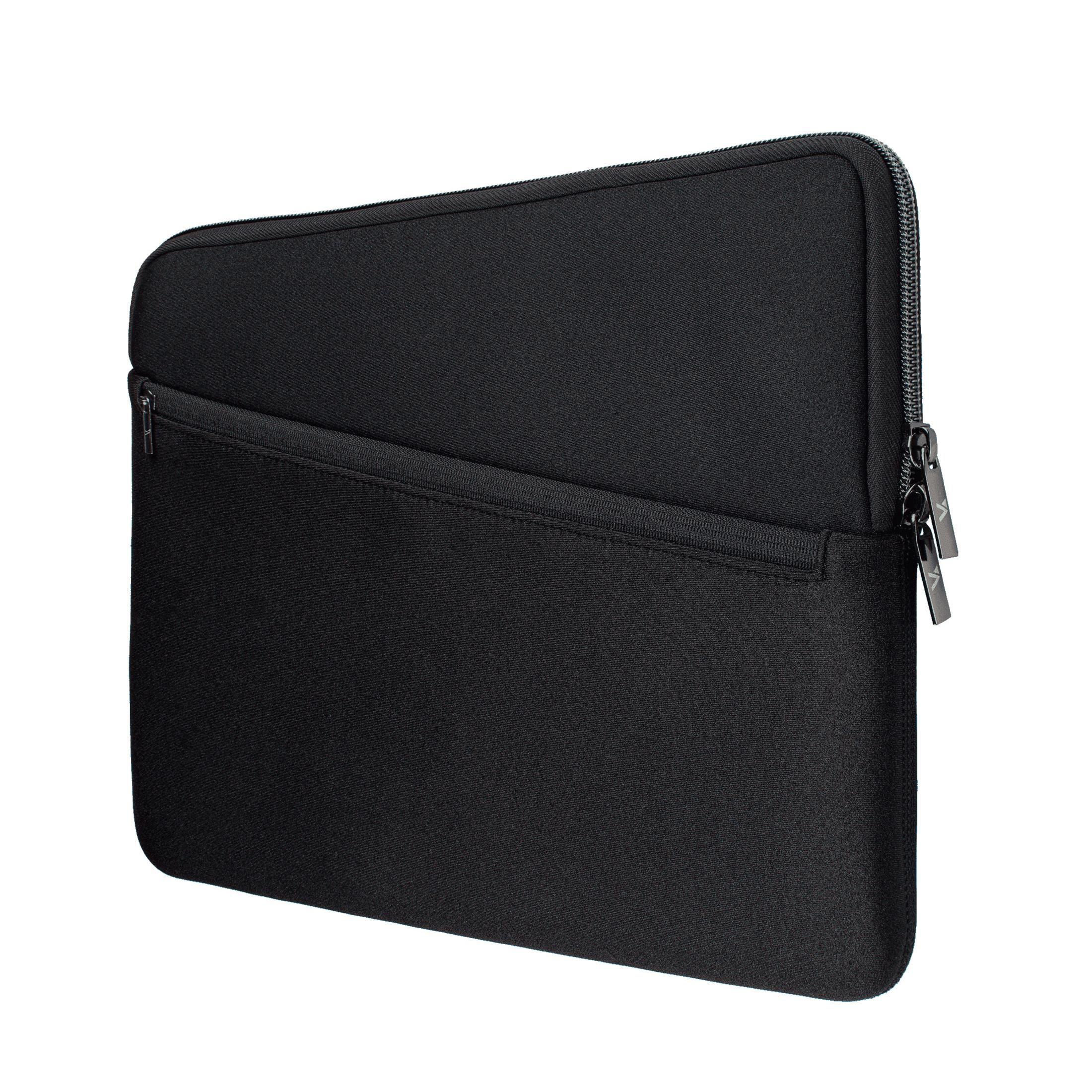 Schwarze Laptoptasche. Hat eine Tasche und einen Reißverschluss. Winkelansicht.