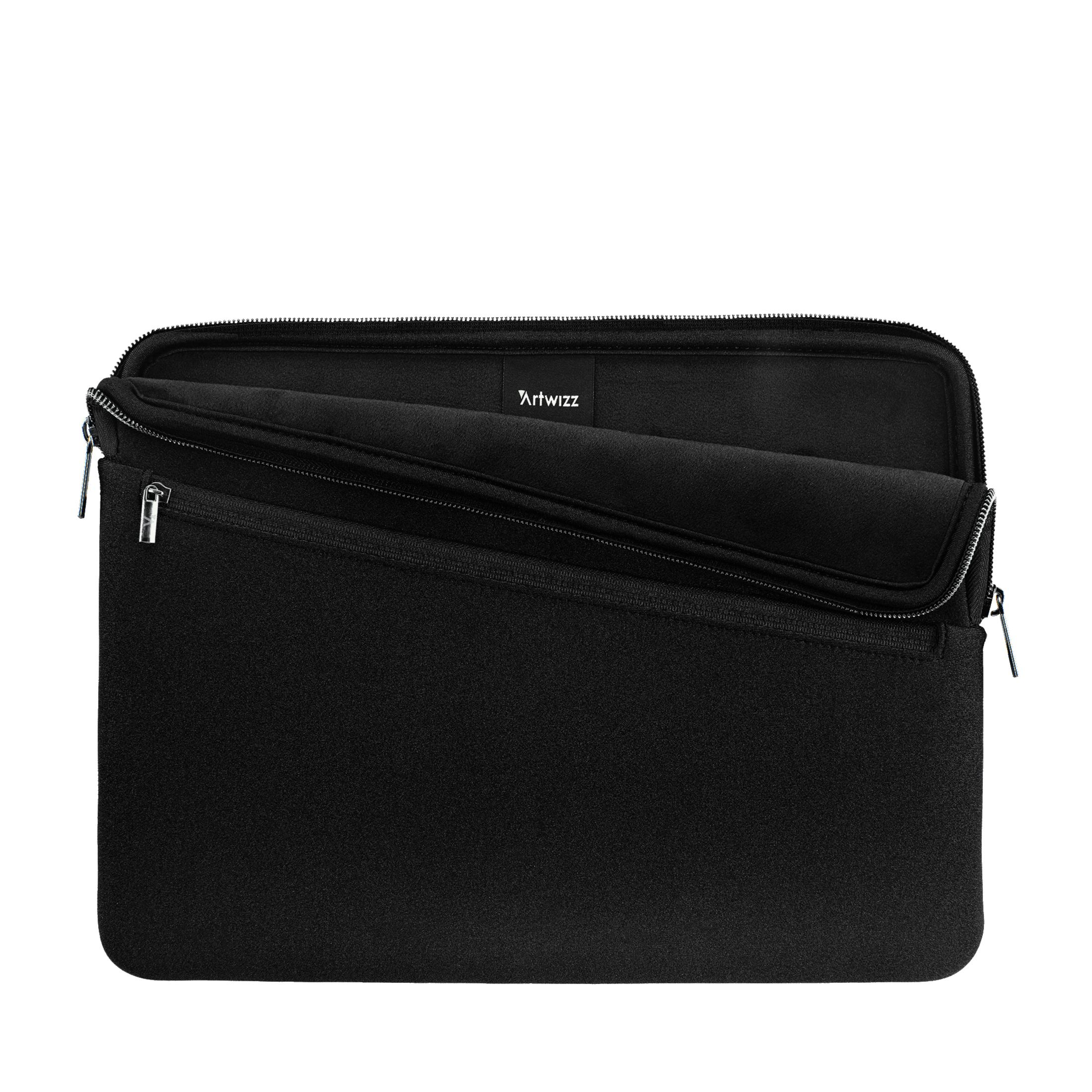 Schwarze Laptoptasche, offen. Innenraum sichtbar. 'Artwizz' Logo. Weißer Hintergrund.
