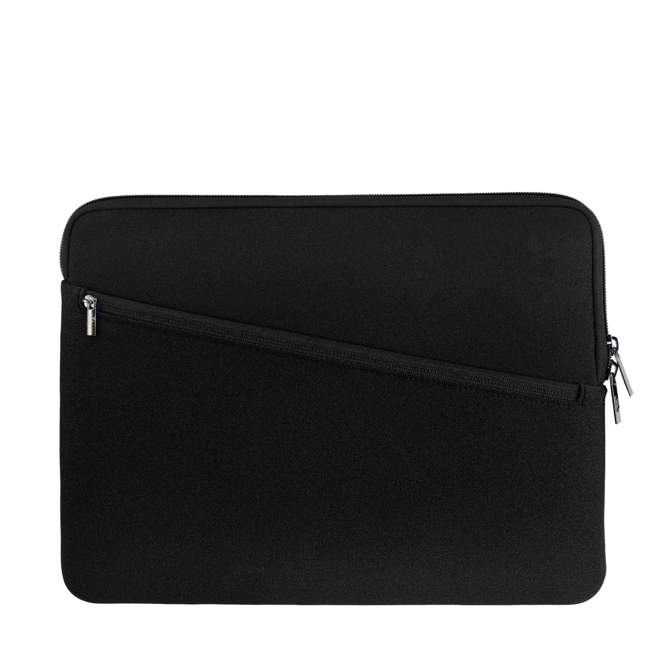 Schwarze Laptoptasche mit Reißverschluss und Tasche. Weißer Hintergrund.