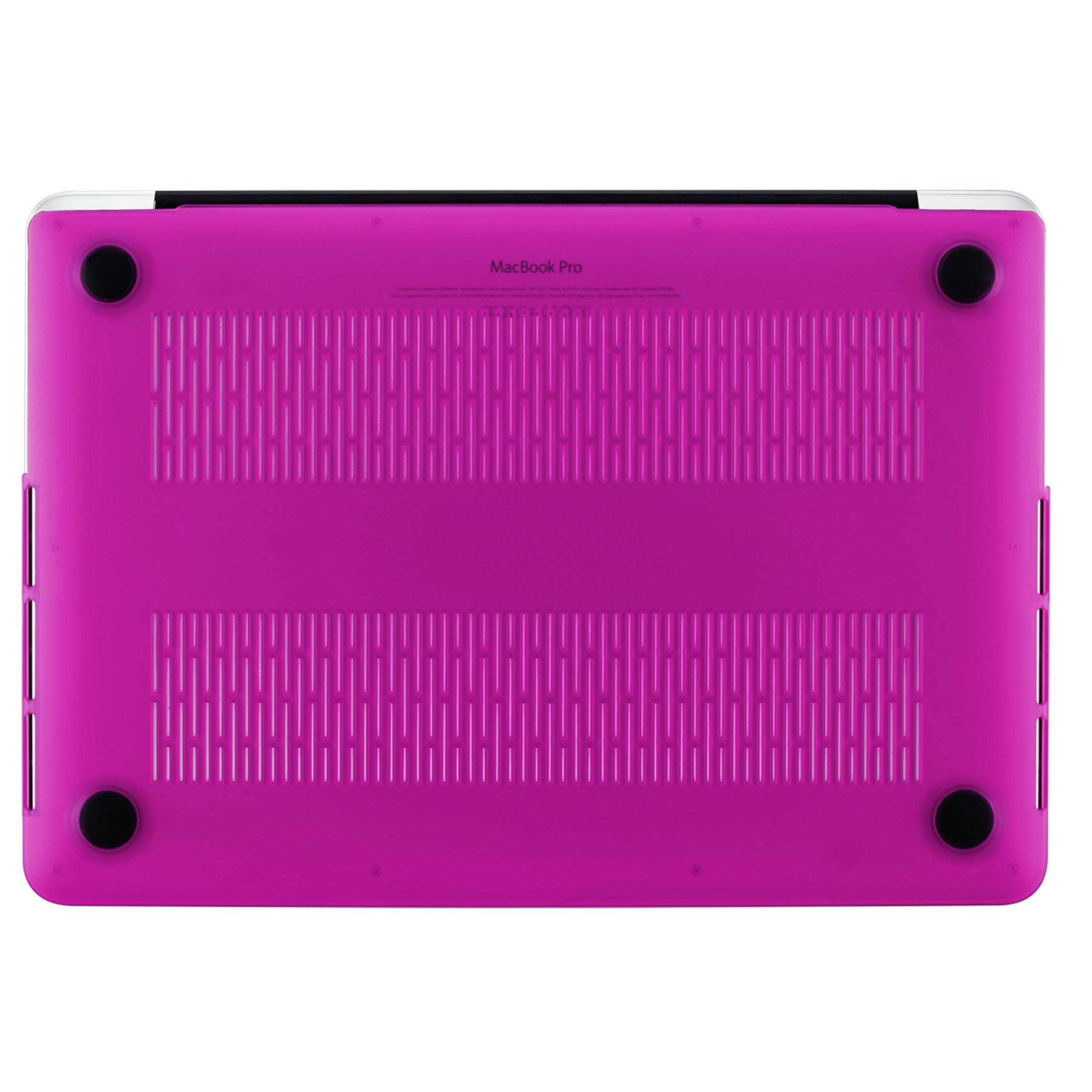 Parte inferiore custodia MacBook Pro rosa, quattro piedini neri, fessure e parte superiore argento.