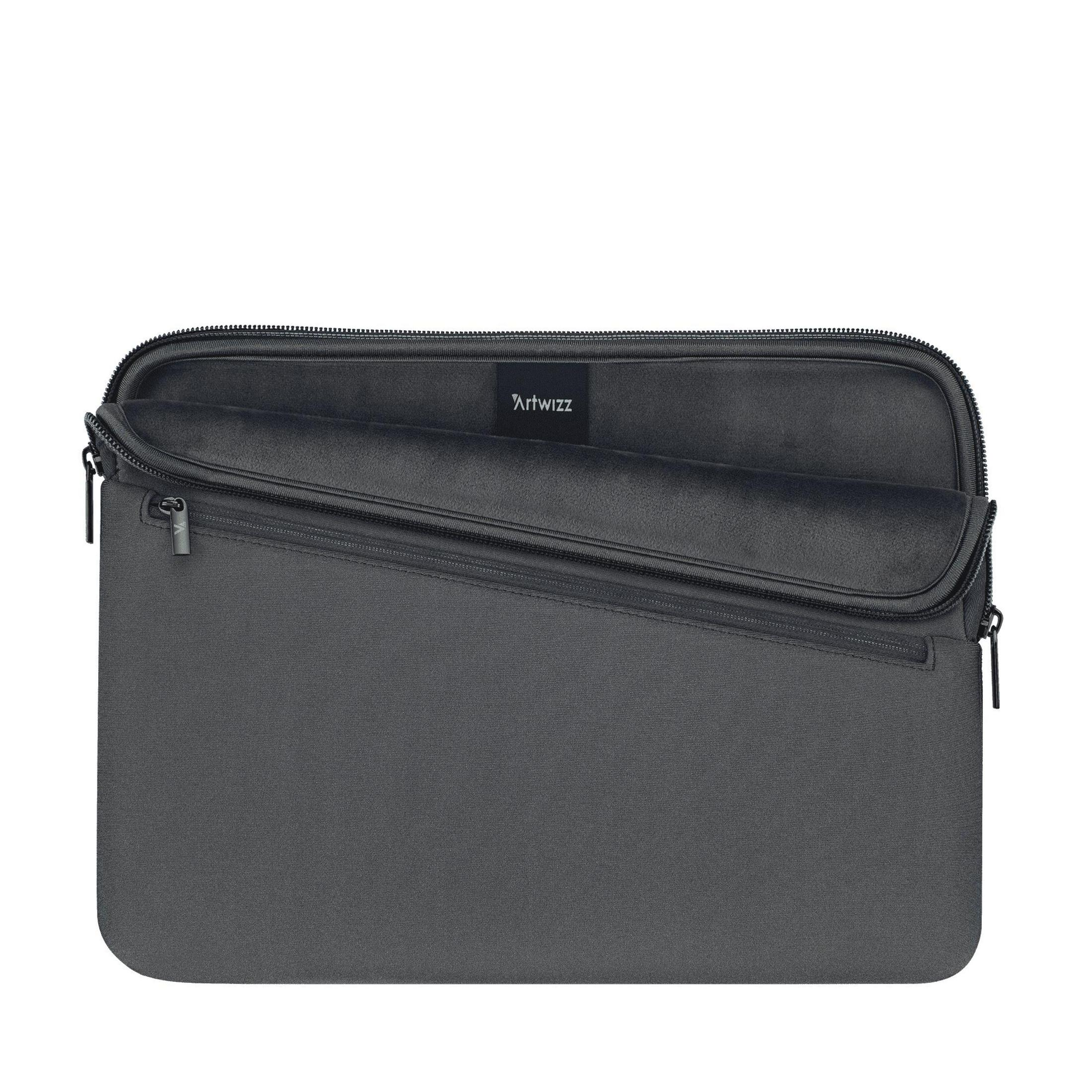 Dunkelgraue Laptoptasche offen. Innenraum sichtbar. 'Artwizz' Logo. Weißer Hintergrund.